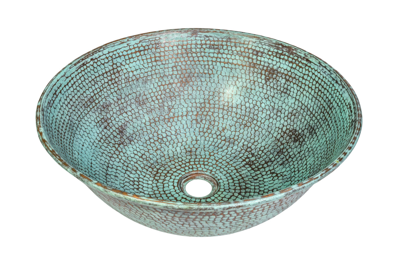 Miedziana umywalka nablatowa z Meksyku Veronica – Okrągła umywalka łazienkowa z ręcznie kutej miedzi 40x17 cm | Unikatowa miedziana umywalka