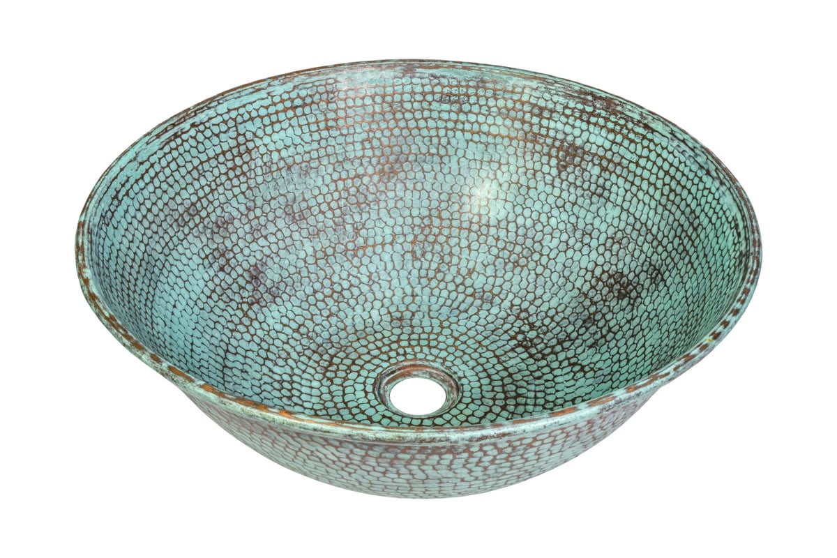 Miedziana umywalka nablatowa z Meksyku Veronica – Okrągła umywalka łazienkowa z ręcznie kutej miedzi 40x17 cm | Unikatowa miedziana umywalka