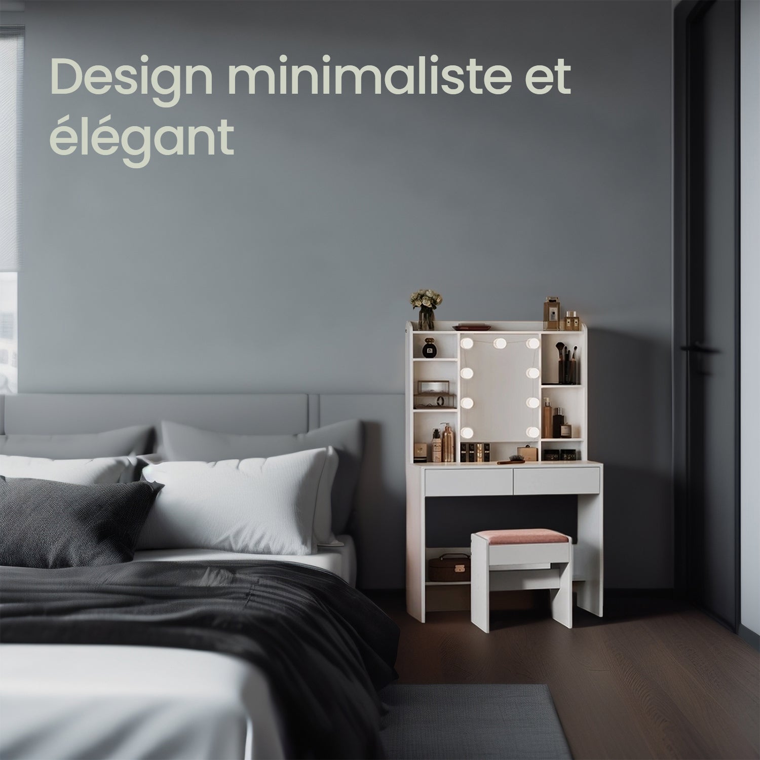 Coiffeuse avec 9 Lumières LED, 3 Tonalités et Luminosité Réglable, Moderne, avec Miroir, Étagères Réglables, 2 Tiroirs, Blanc Nuage - 5