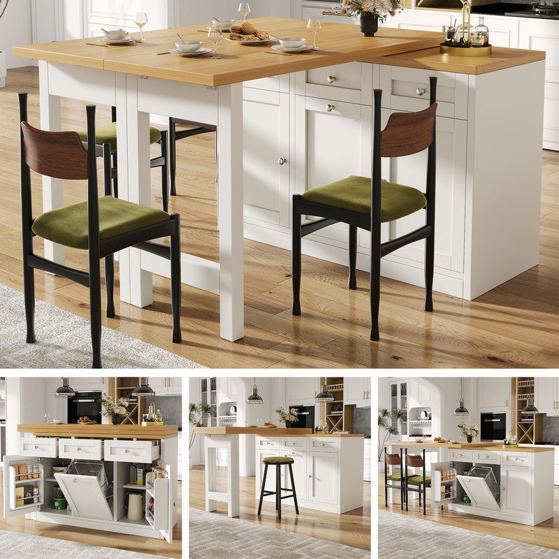 Îlot de cuisine moderne,Table de bar cuisine escamotable,avec Support à poubelle extractible,Table à manger avec tiroir et porte-snack, Blanc - 9