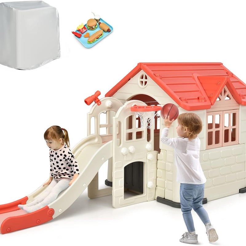 Domek Ogrodowy dla Dzieci ze Zjeżdżalnią, 1 Drzwiami i 2 Oknami, ze Stołem Piknikowym, Talerzami i Zabawkami, dla Dzieci w Wieku 3-8 Lat (Różowy)