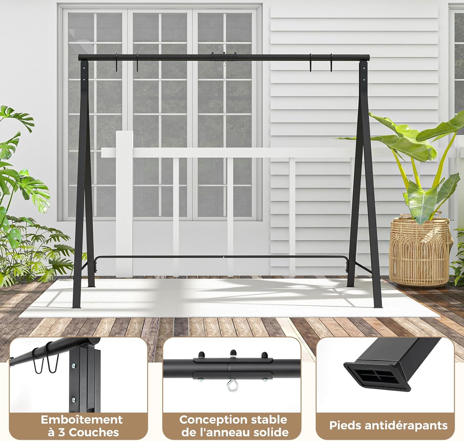 Portique Balançoire Extérieur,Support Balançoire Porche en Métal, Cadre de Balançoire,Capacité 160 kg /120 kg (210x110x175CM,Noir) - 6