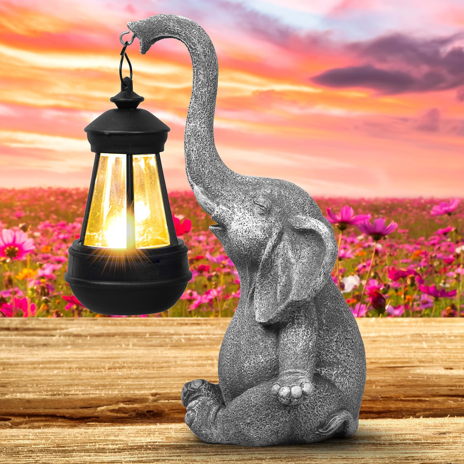 Flintronic Lumière Solaire Éléphant - Statue D'Éléphant D'Extérieur Avec Lanterne Solaire, Décor Jardin Résine Imperméable