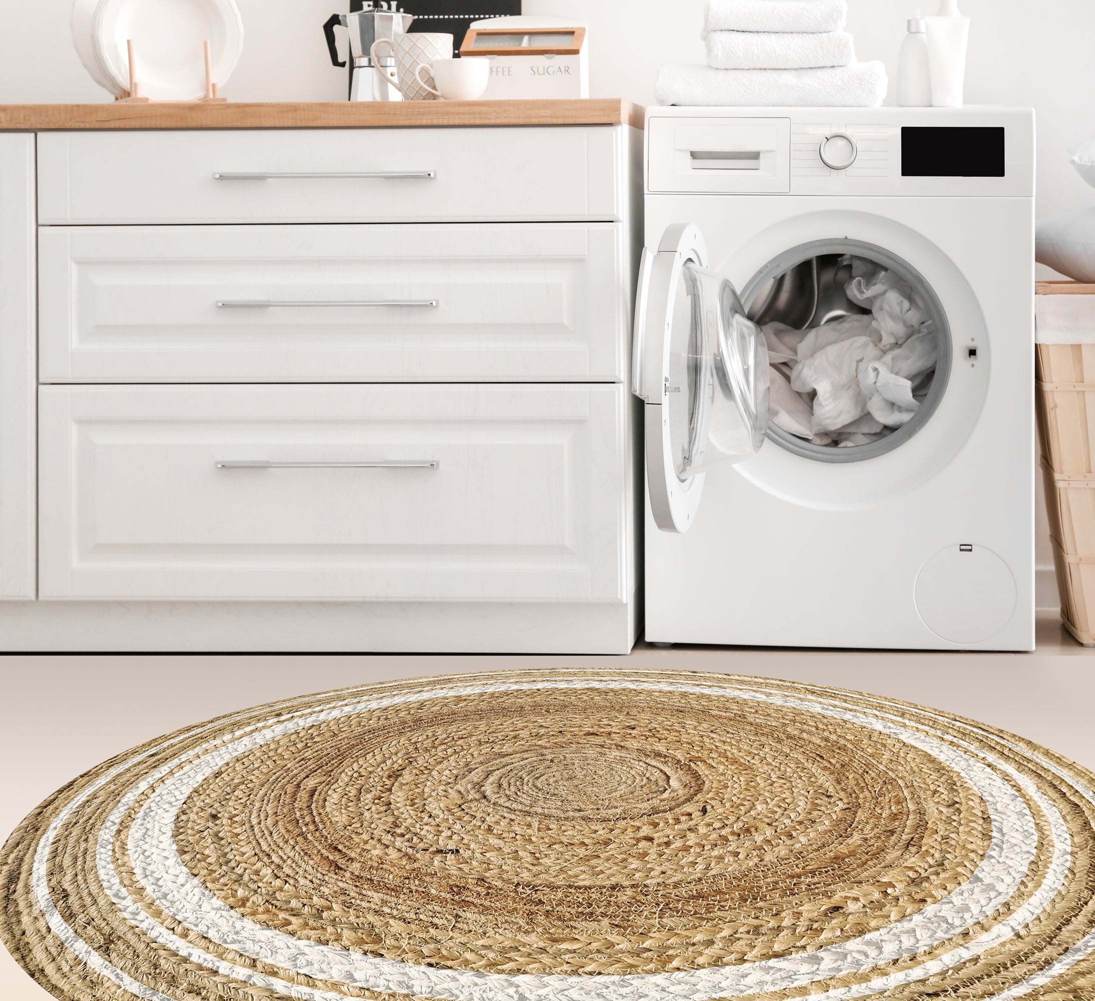 Alfombra de vinilo, Carthago Redonda blanca [Diam] 200 cm - PVC antideslizante, lisa impresa, vinilica para cocina o salón, lavable - 2