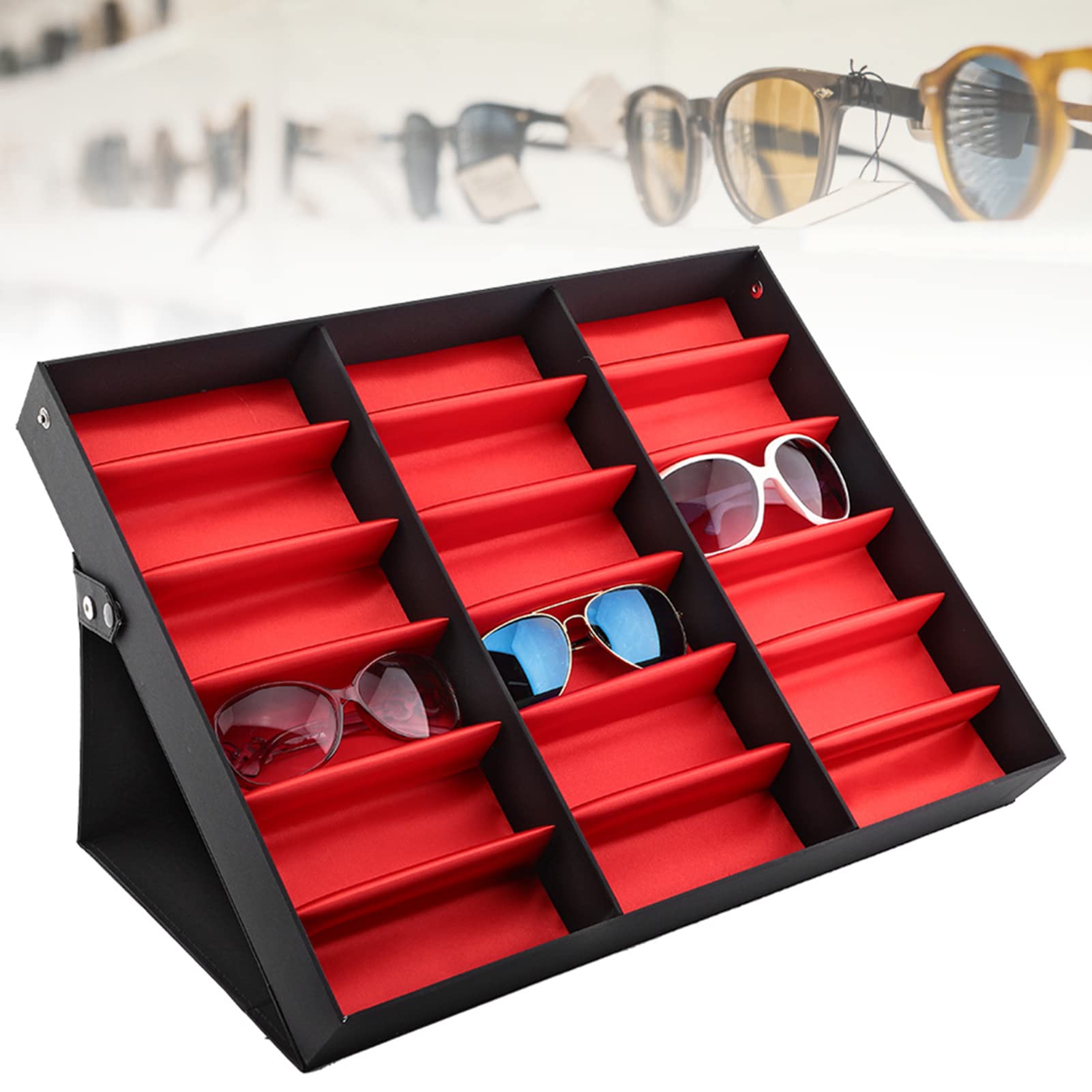 Vitrina Para Gafas De Sol Con 16 Rejillas - Expositor De MDF Plegable De 48,5x33x6 Cm, Ideal Para Organizar Y Mostrar Tus Gafas En Casa O Tienda