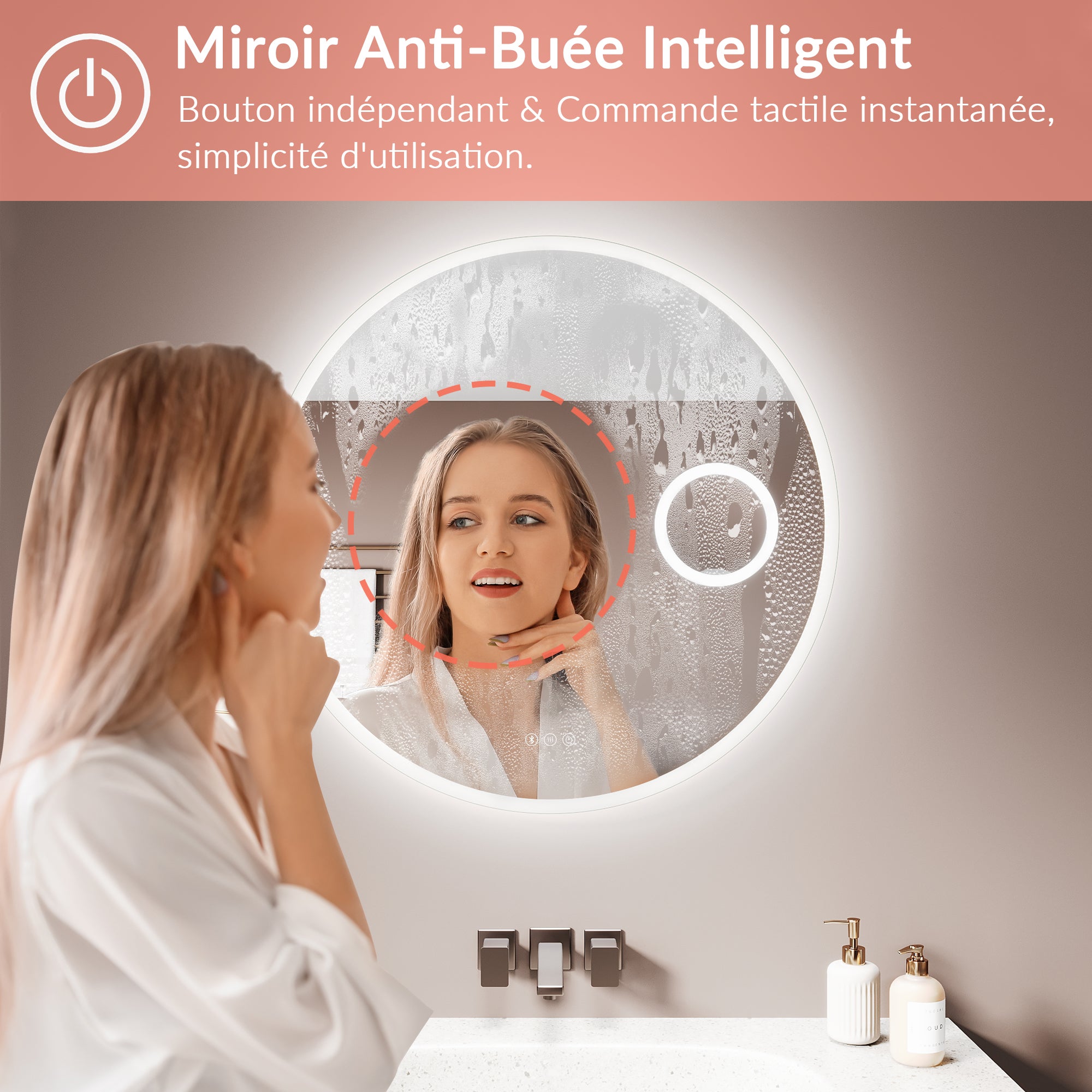SIRHONA Miroir de Salle de Bain Rond Ø80cm, Bluetooth, Anti-Buée Centrale, Loupe 3x, Éclairage 3 Tons, Montage H/V - 3