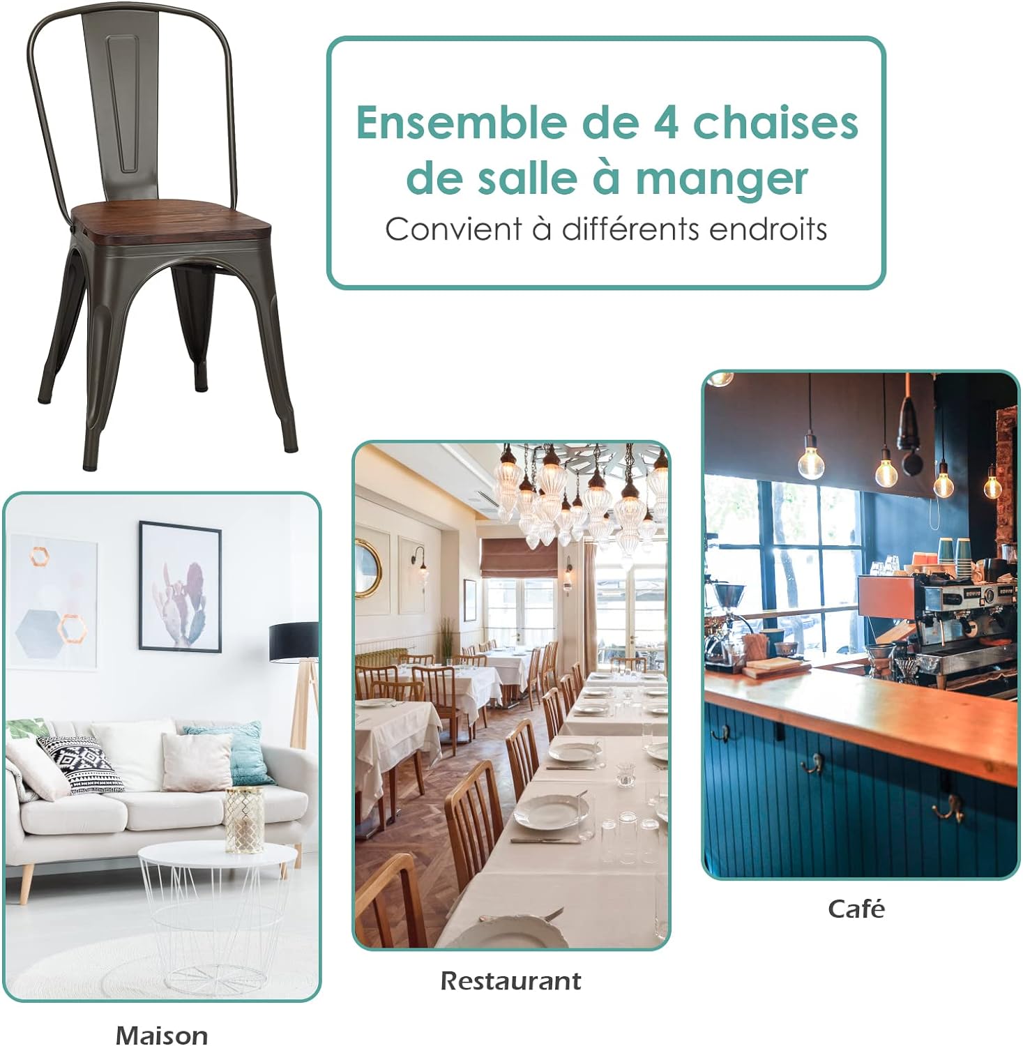 Lot de 4 Chaises en Métal Salle à Manger avec Assise en Bois d'Orme de Epaisseur 2cm, Style Industriel,Tabouret Empilable,Charge 150KG,Vintage - 7