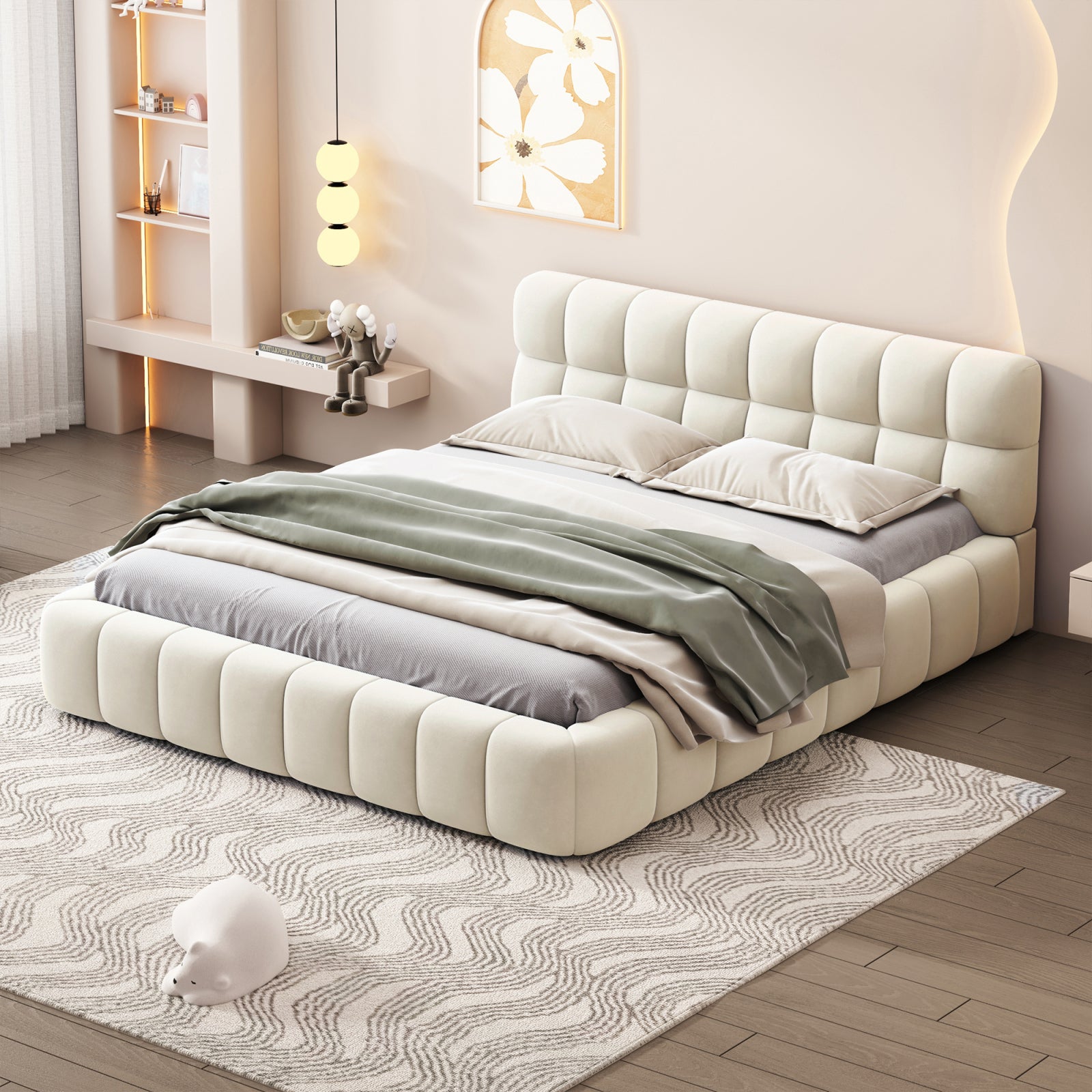 Lit adulte 140x190cm en lin avec dossier moelleux, Lit plat avec sommier à lattes, beige - 2