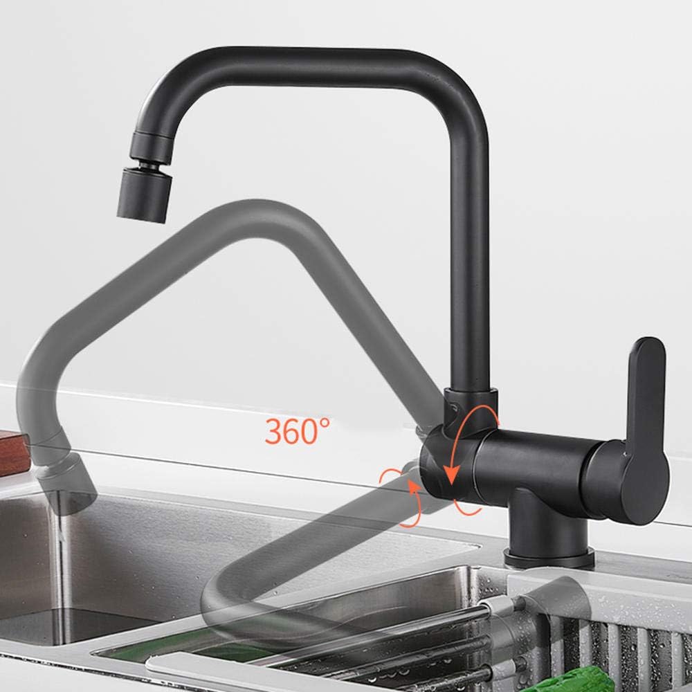 Rubinetto da cucina pieghevole nero, miscelatore monocomando in ottone per acqua calda e fredda, lavello da cucina girevole a 360 gradi - 4