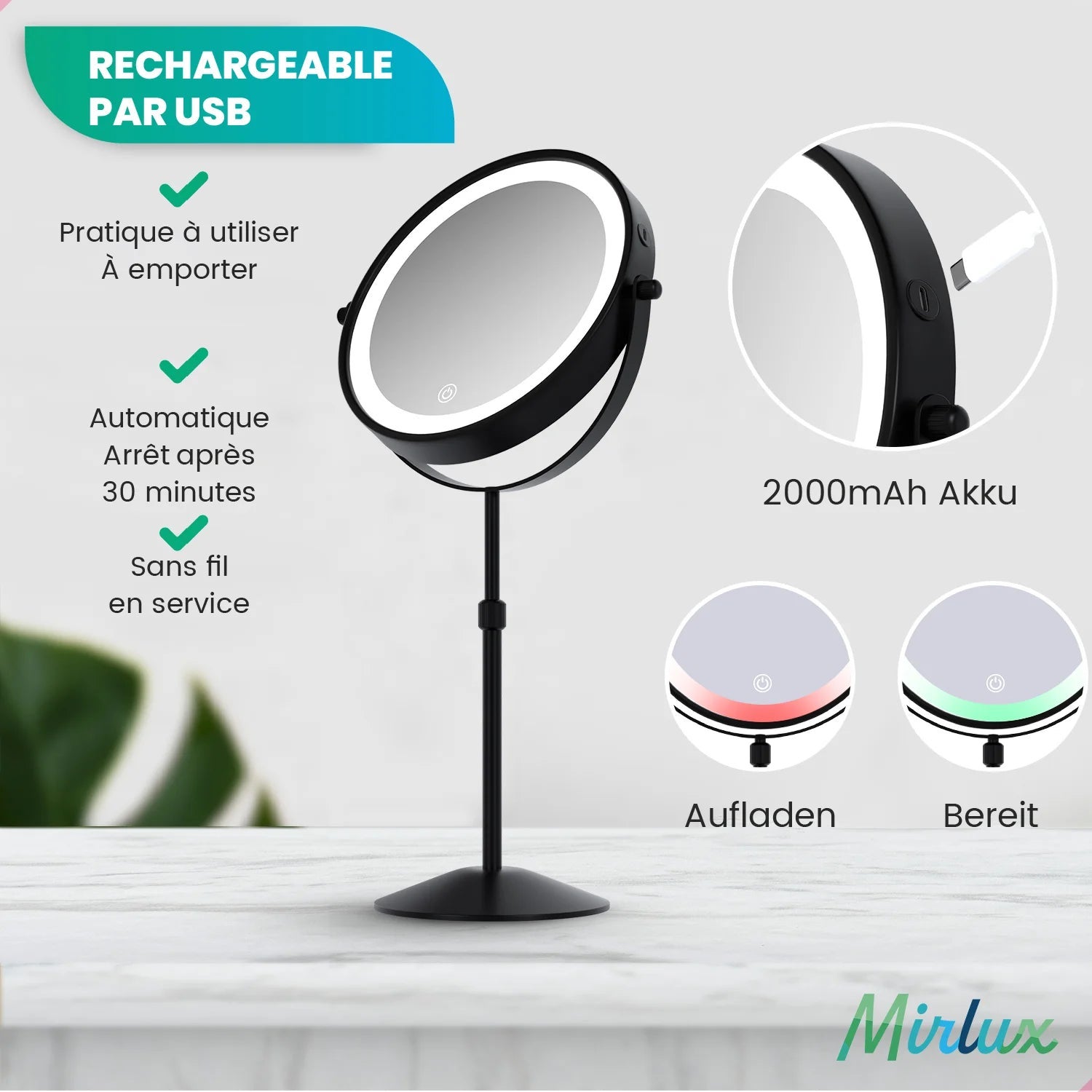 Mirlux Miroir de maquillage avec éclairage LED - Grossissement x10 - Hauteur réglable - 3 intensités lumineuses - Rechargeable - Noir - 9