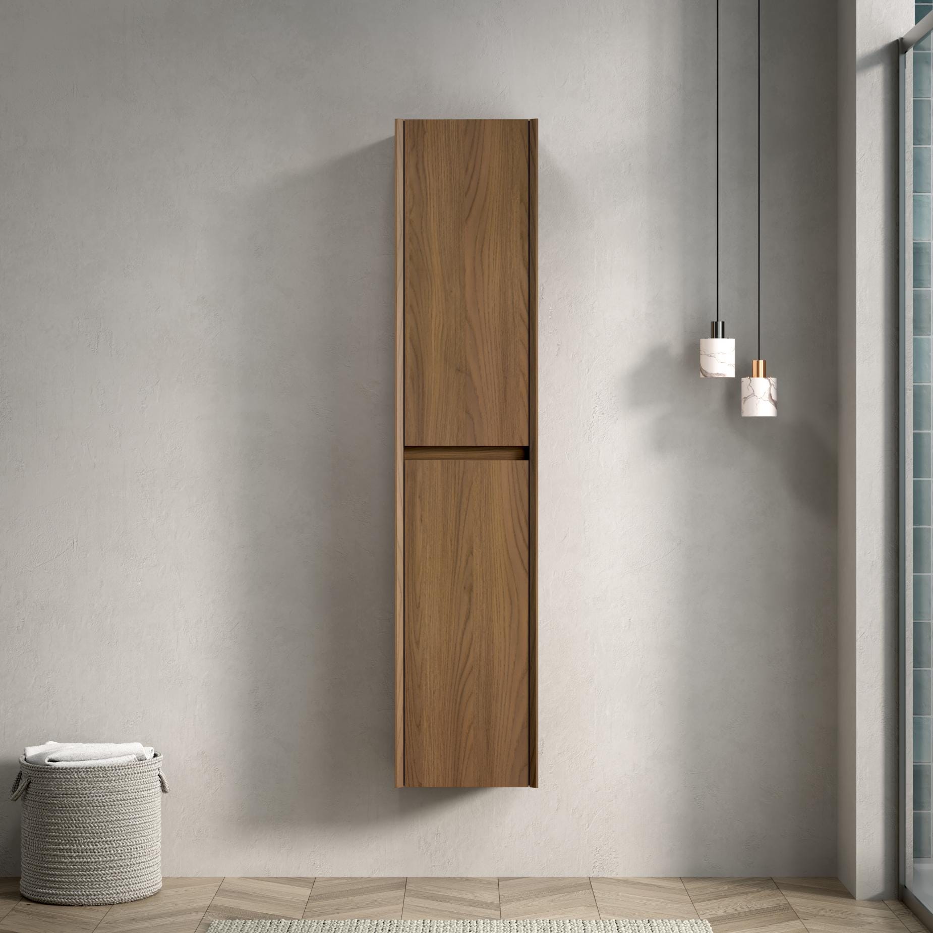 Badezimmer Wandschrank schmal mit 2 Türen, 4 verstellbare Fächer, moderner Aufbewahrungsschrank für Bad, Wohnzimmer & Wäscherei, elegante Holzoptik