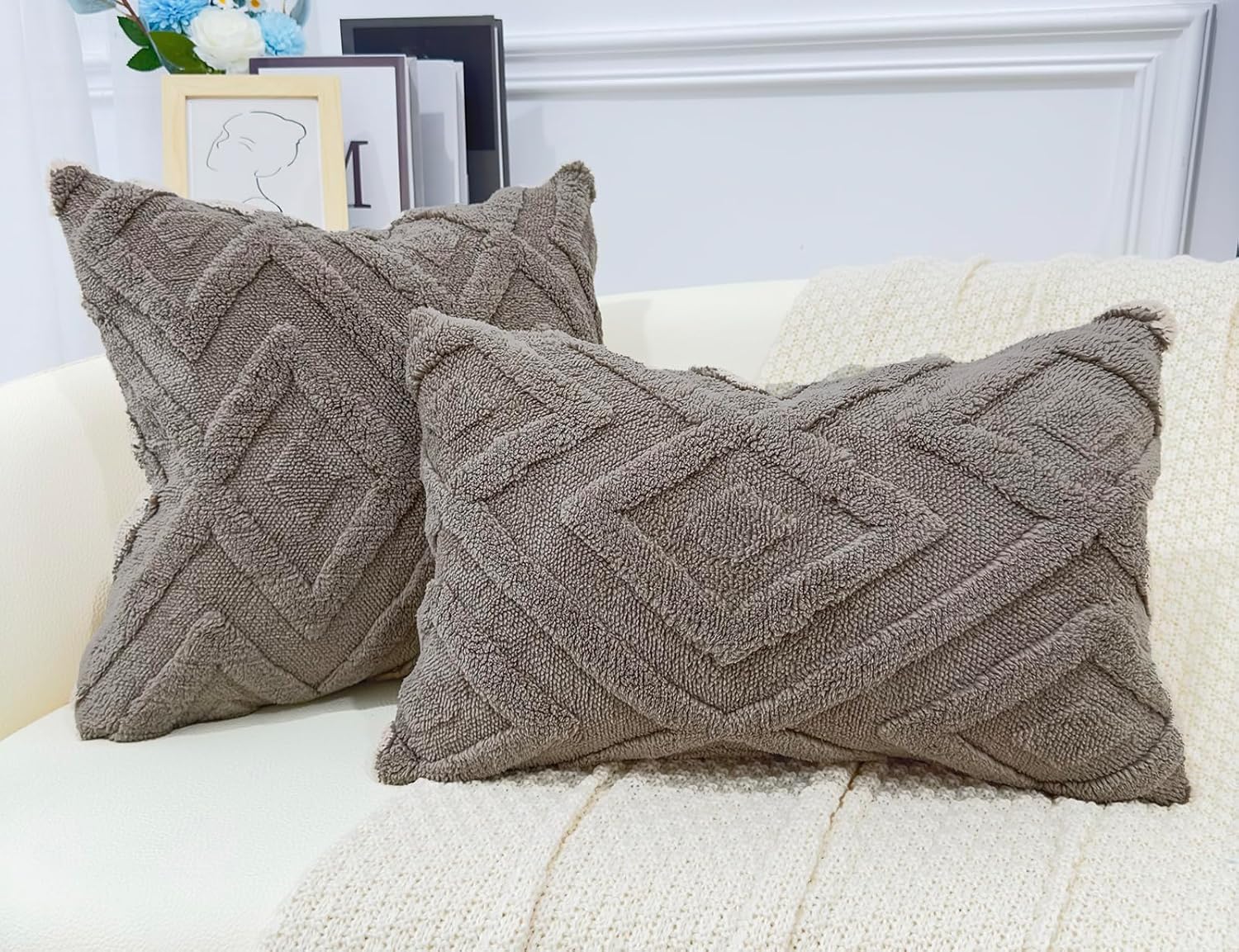 Taies d'oreiller grises - motif à carreaux doux, style bohème - conviennent pour le salon, la chambre, etc. - Lot de 2, 30×50 cm - 7