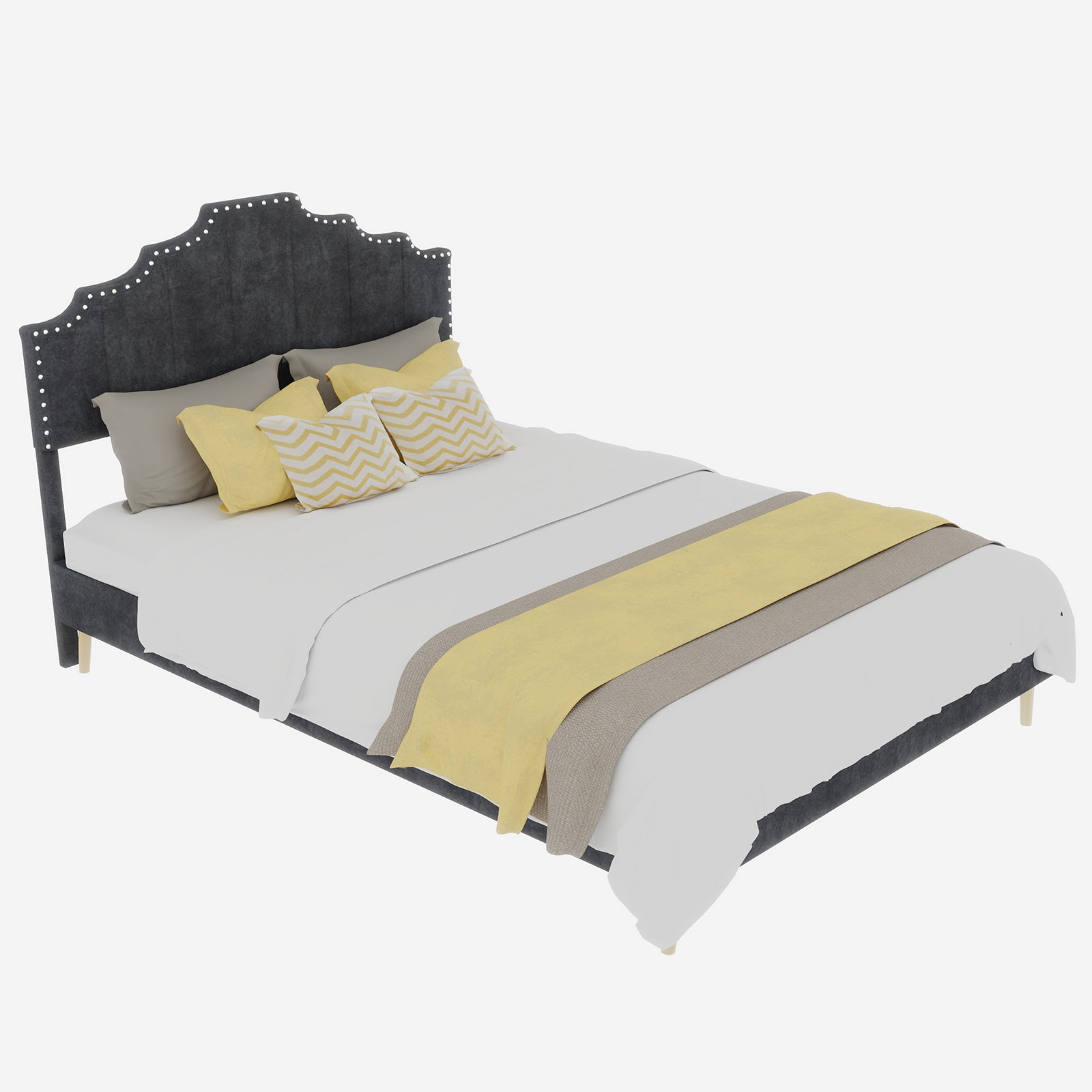 Letto matrimoniale 140x200 cm, con testiera, doghe in legno, grigio metallo, senza materasso - 7