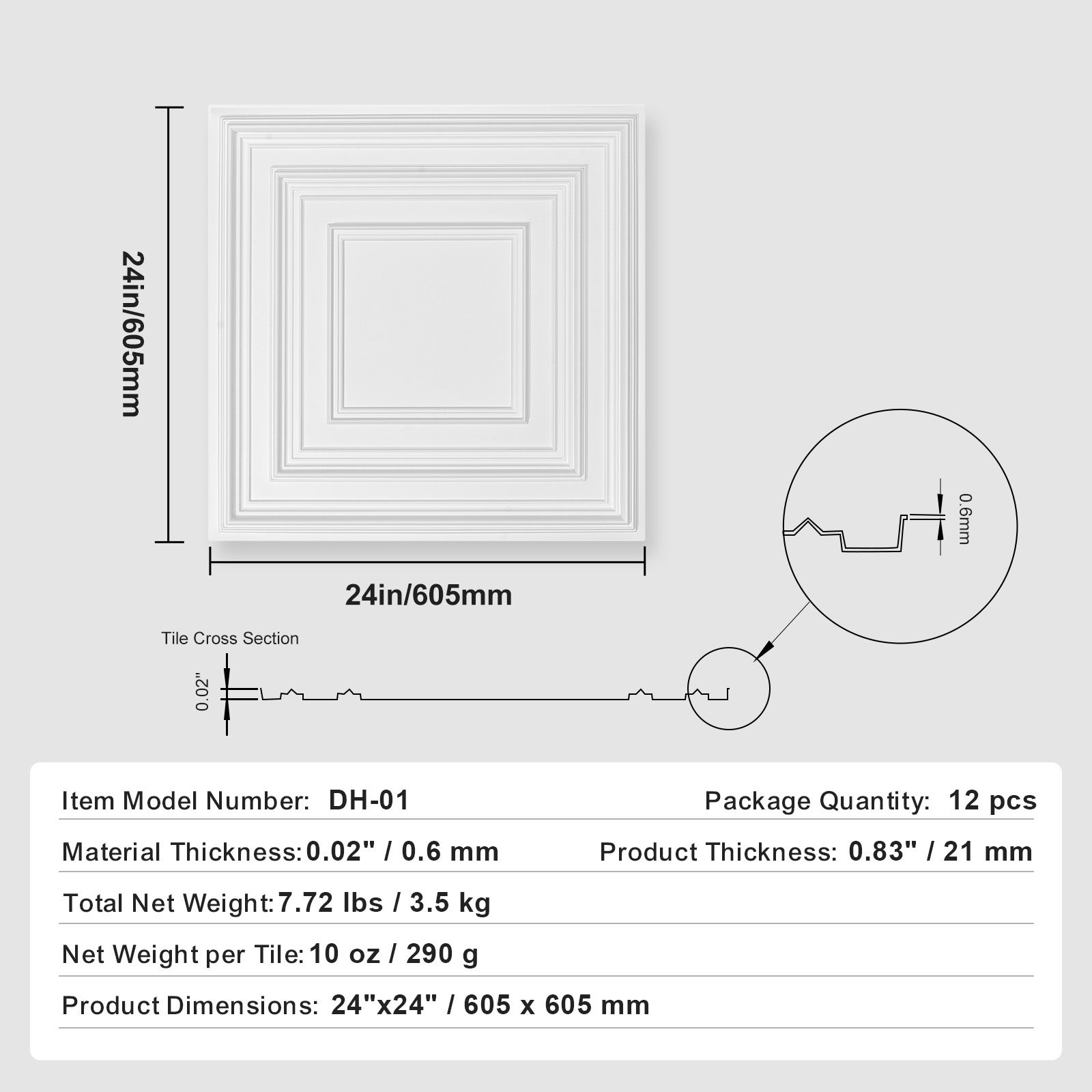 Plaques Murales de Plafond PVC SucceBuy 605 x 605 mm, Lot de 12, Panneaux Blancs Relief 3D à Coller ou Suspendre - 9