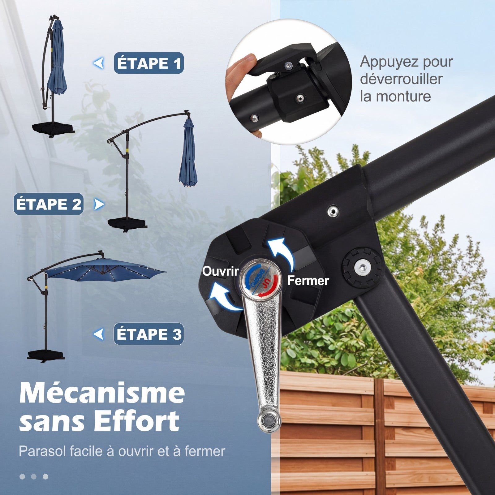 Parasol Déporté 3 x 3M, Parasol de Jardin Extérieur avec Lumière Solaire, Rotation 360°, 8 Baleines en Métal, Toit de Ventilation, 2 Sacs, Bleu - 8