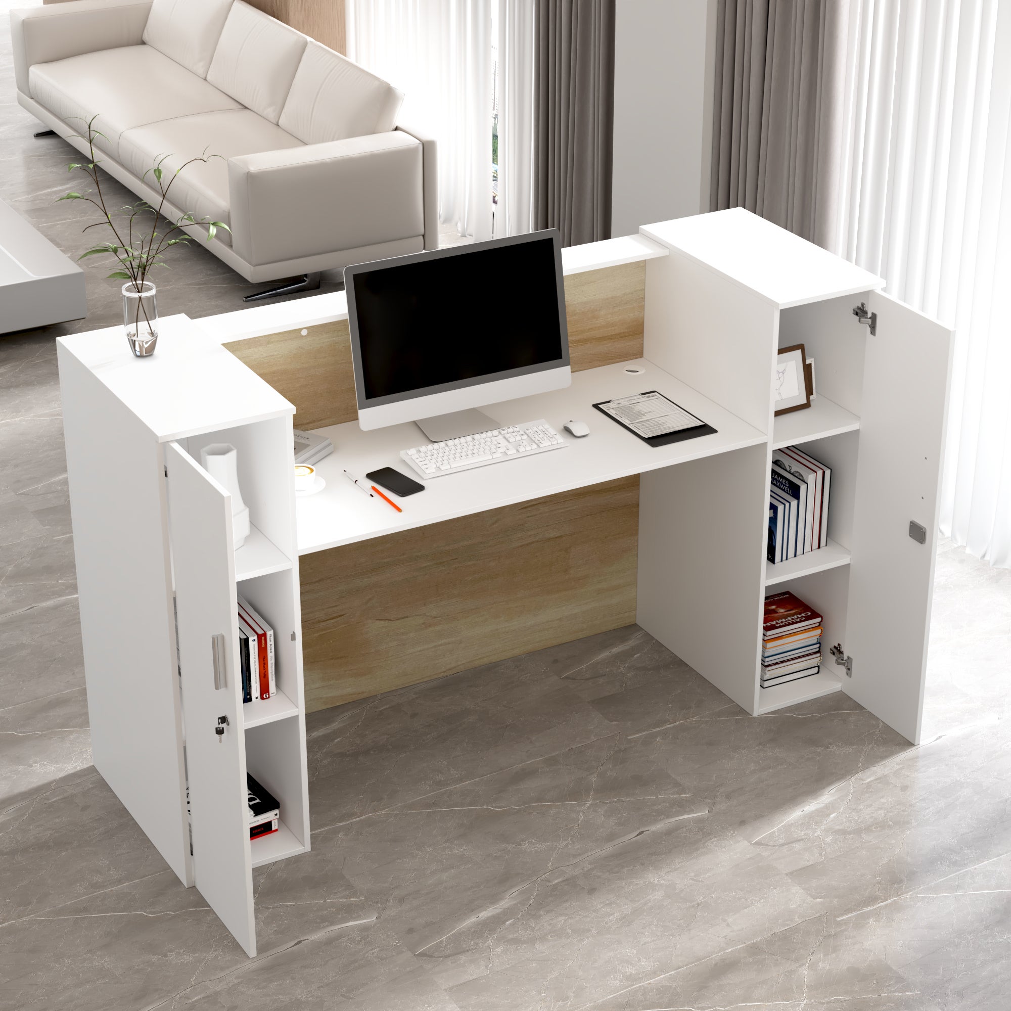 Bureau d’Accueil avec 2 Portes verrouillables, Comptoir de réception avec Compartiments, Salon et Bureau, 180x60x110cm, Naturel - 3