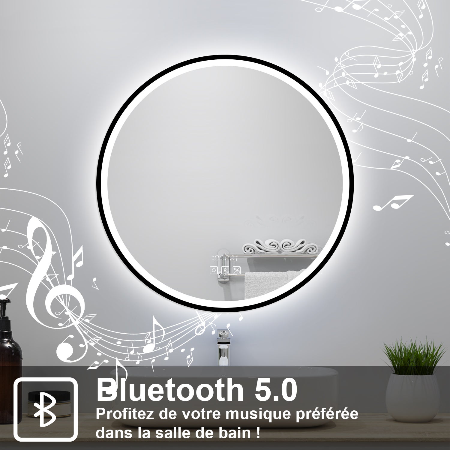 Miroir lumineux de salle de bain avec Bluetooth Rond 100cm， Horloge + 3 Couleurs + Dimmable + Anti-Buée, Noir Cadre Non-Métallique - 3