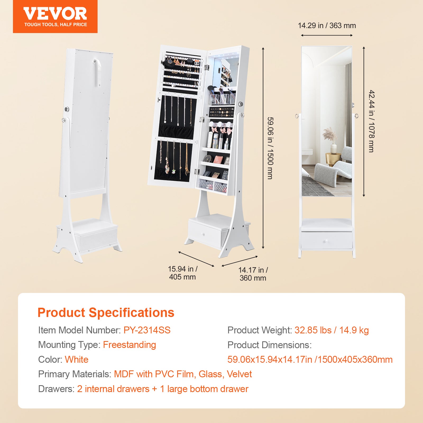 Armoire à Bijoux VEVOR avec Miroir Pleine Longueur, Organisateur sur Pied, Verrouillable, Intérieur LED, Velours, Tiroirs, Blanc - 7