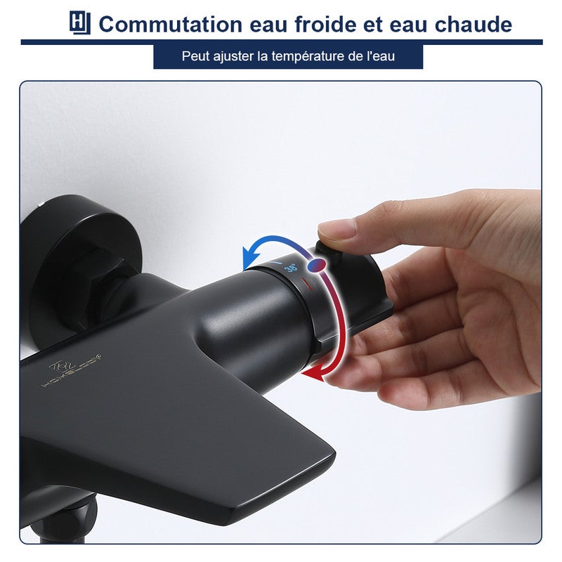 Colonne de Douche Noir avec Mitigeur Thermostatique Cascade, Ensemble Douche en Laiton pour Baignoire, Hauteur Réglable Sans Percement Supplémentaire - 4