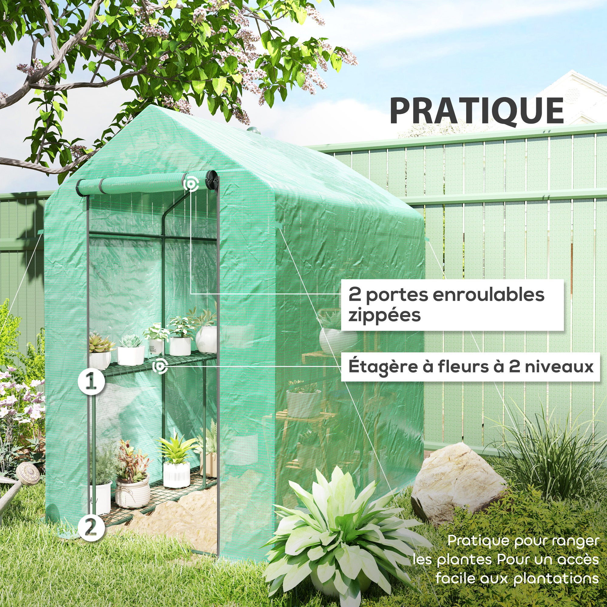 Serre de Jardin - Outsunny - étagère 2 niveaux porte zippée enroulable - bâche renforcée 140 g/m², châssis en acier - vert - 5