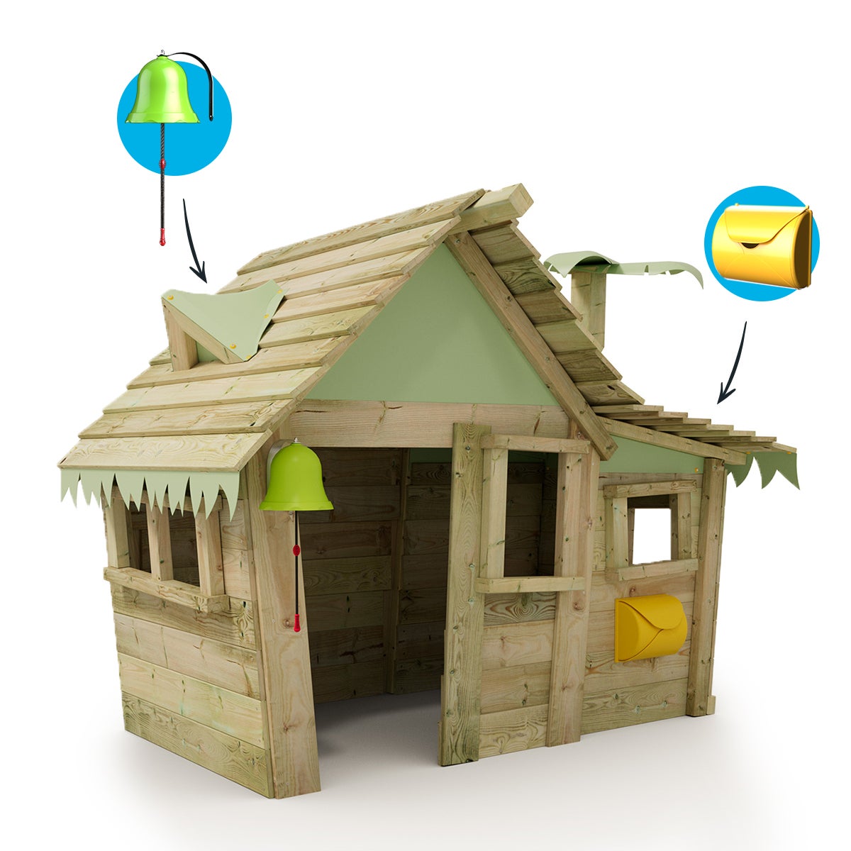 WICKEY Maison de jeux Casita en bois pour enfants, cabane extérieure avec accessoires vert pastel - 3