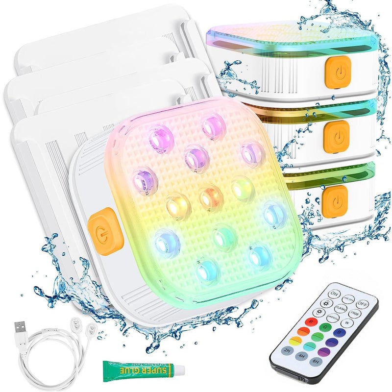 Zestaw 4 ładowalnych, zanurzalnych lamp LED, magnetyczne oświetlenie LED do basenu z pilotem, nastrojowe oświetlenie RGB do basenu