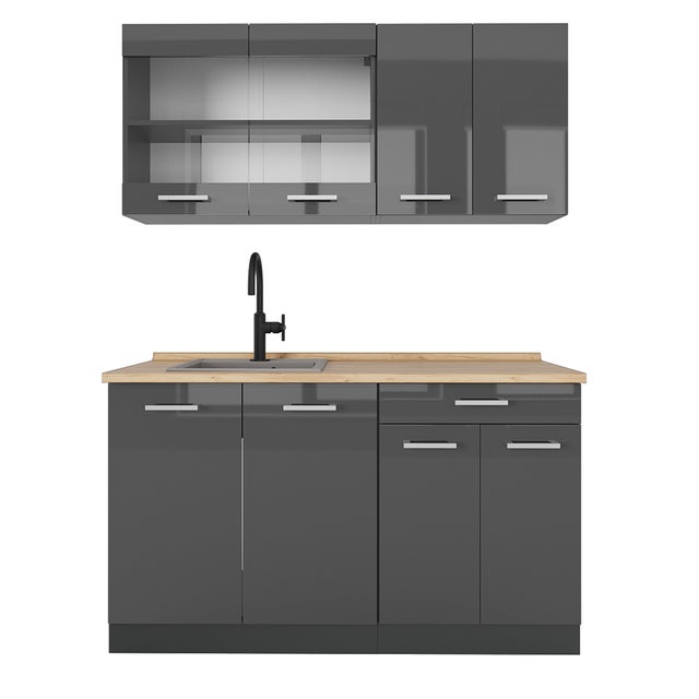 Cuisine Complète ECO 240cm Gris Brillant - Meubles Modernes Avec Four Et Évier Intégré