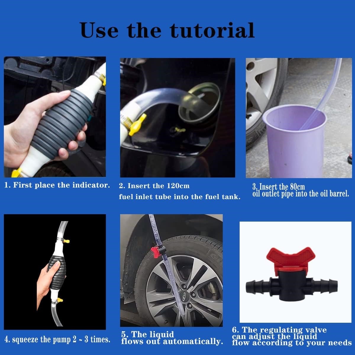 Pompe à siphon, pompe à siphon à essence avec tuyau de 2 m, Pompe de transfert de carburant manuelle ，Pompe à main avec valve de débit - 2