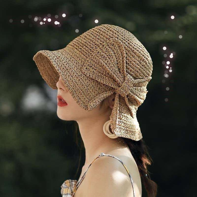 Chapeau de soleil pour femme, chapeau de paille, chapeau de paille pliable avec nœud, chapeau de plage pour les vacances - 2