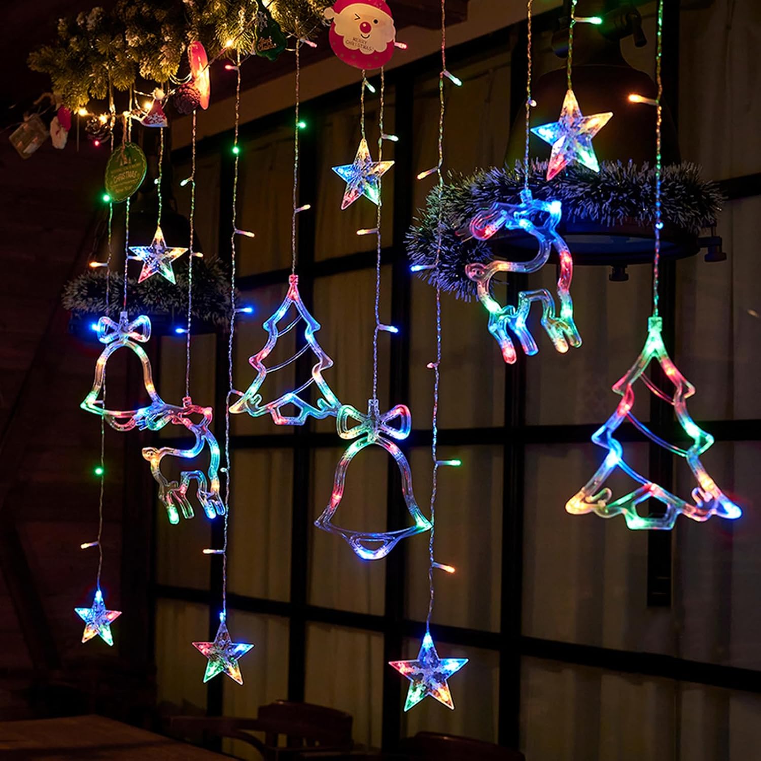 Świąteczne lampki choinkowe 120 LED w kształcie łosia, dzwonka i gwiazdy, dekoracje na choinkę (3,5 x 0,8 m, wielokolorowe)