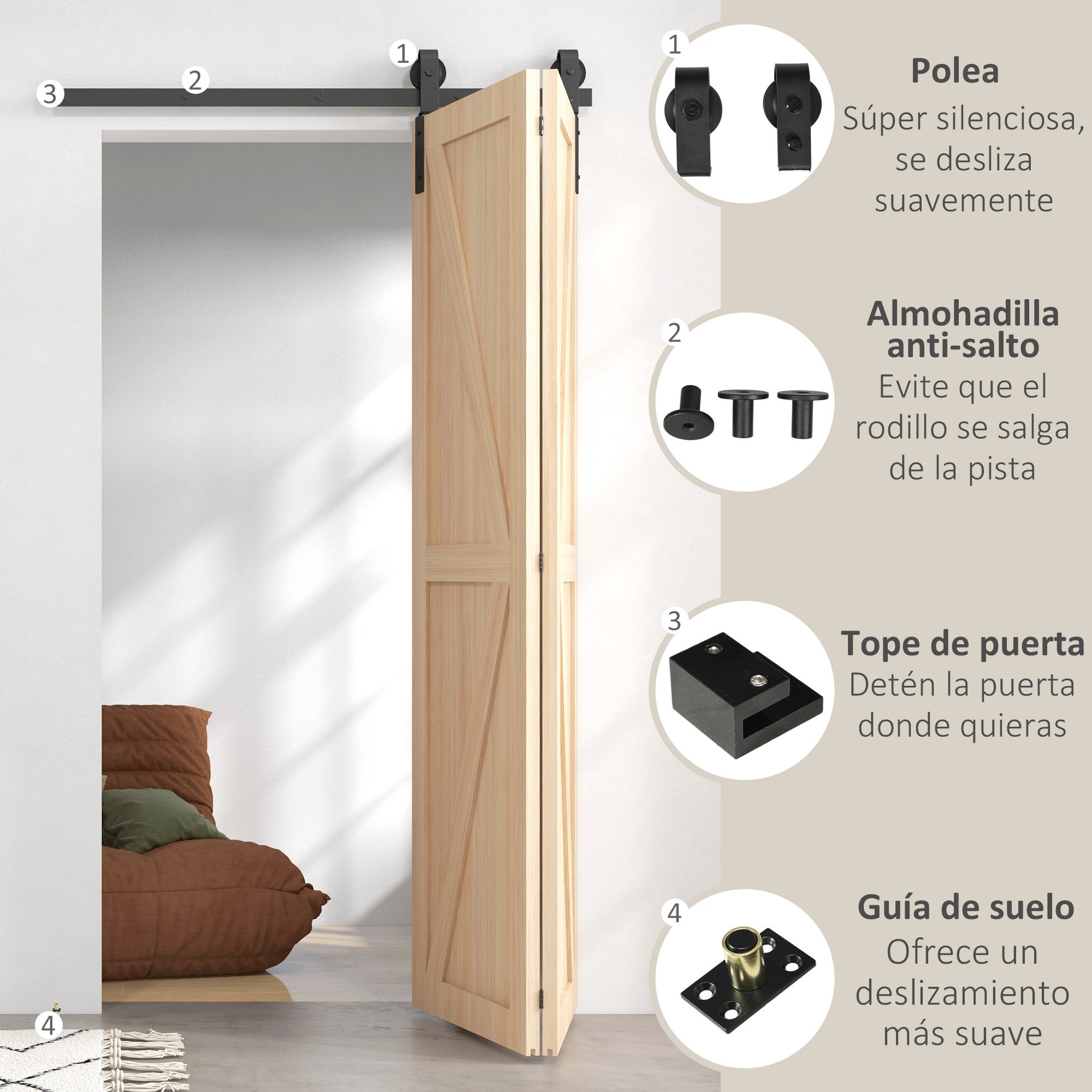 Kit porte grange coulissante pliante 122cm 4pi 2 portes rail noir - 7