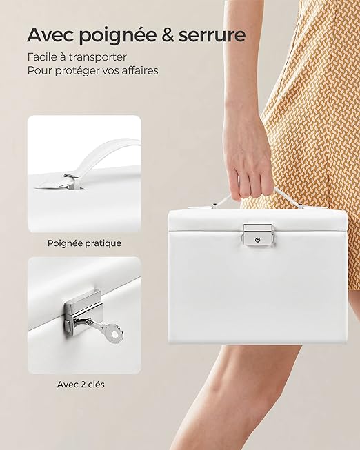 Boîte à Bijoux 4 Niveaux, avec Poignées, 3 Tiroirs, Miroir, Serrure, Rangement pour Bijoux pour Voyages, Blanc Classique - 4