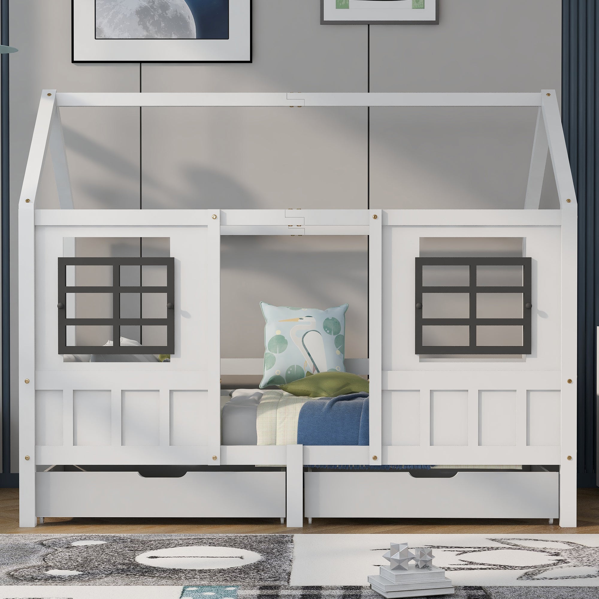 Hausbett z 2 szufladami - białe, 200x90cm, klasa dziecięca, drewno sosna+MDF