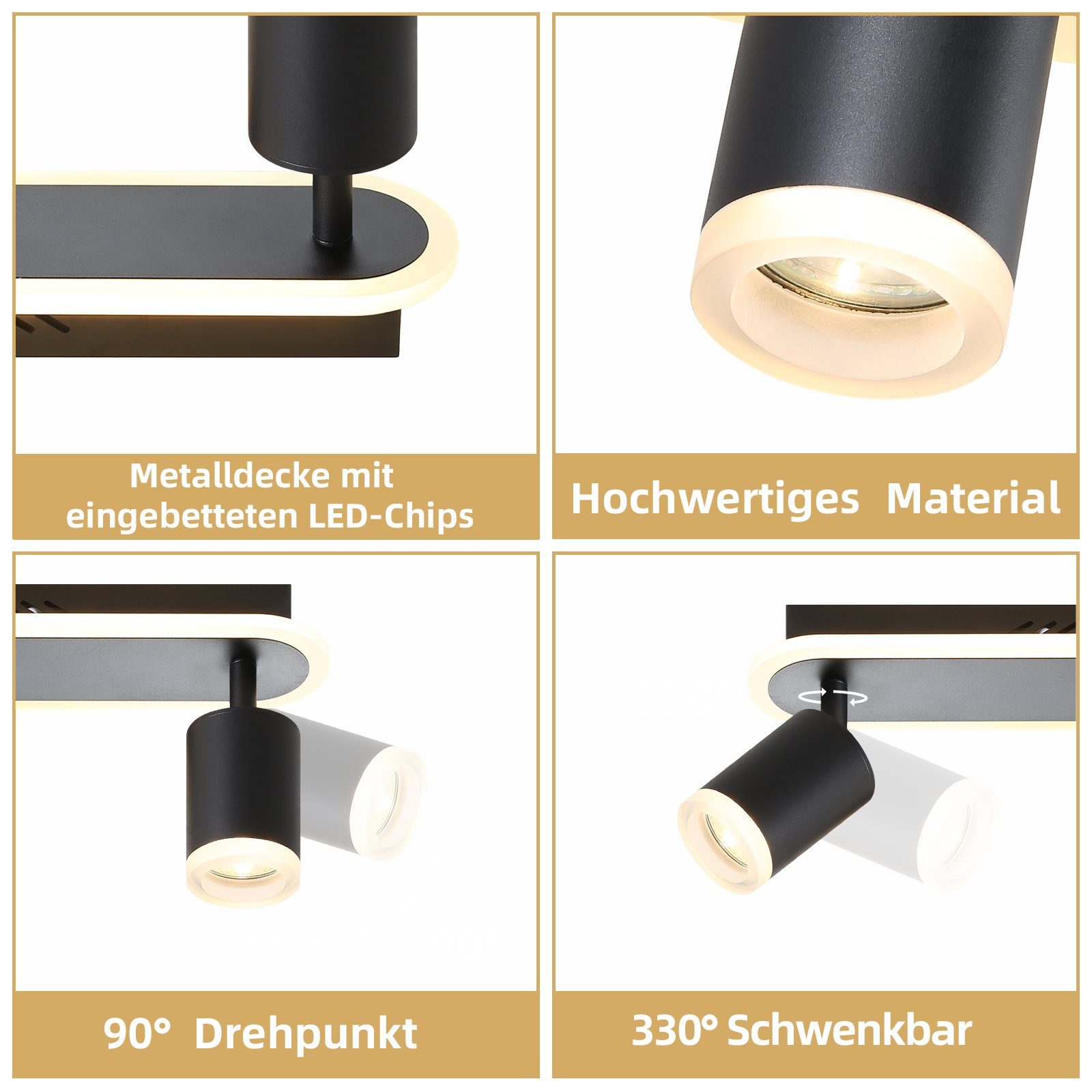 NETTLIFE 2 spots de plafond LED noir GU10 en métal, orientables à 330°, pour chambre couloir salle à manger cuisine salon, lumière blanc chaud - 3