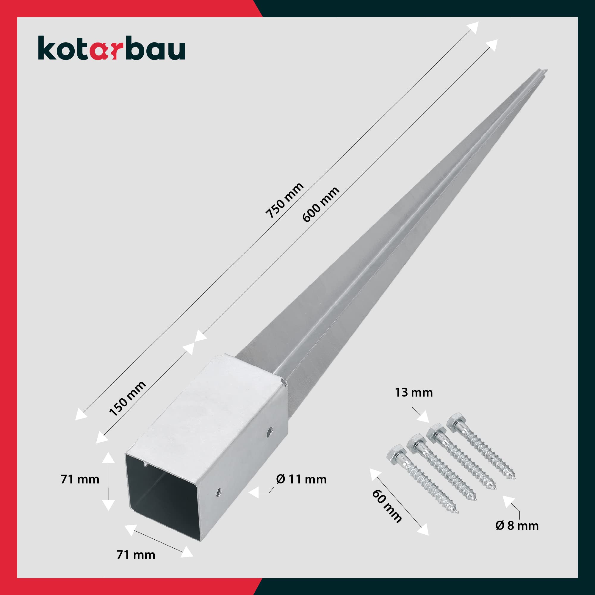 Soporte poste de hincar 71 x 71 mm longitud 750 mm - pie de poste galvanizado en caliente - KOTARBAU - 3