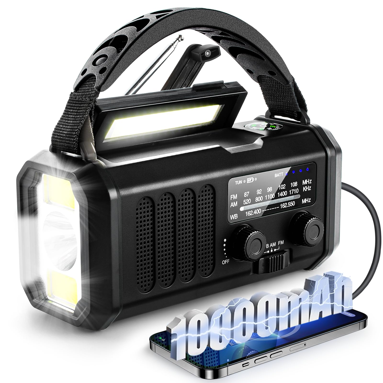 1 x solarne radio pogodowe z korbką, ładowarką do telefonu komórkowego typu C i latarką z syreną ratunkową SOS do podróży w plenerze.