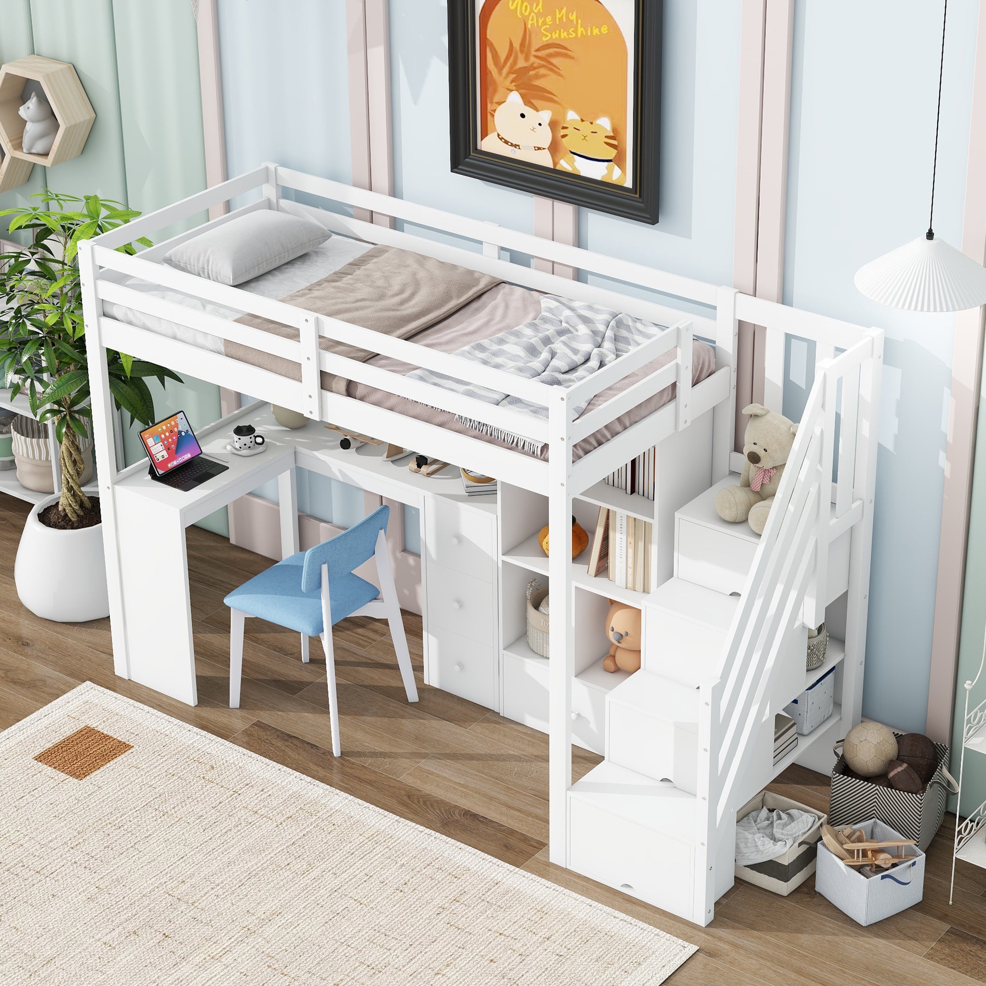 Letto a soppalco, 90x200 cm, senza materasso, ringhiera, scrivania, cassetti, mobile contenitore aperto, bianco - 8