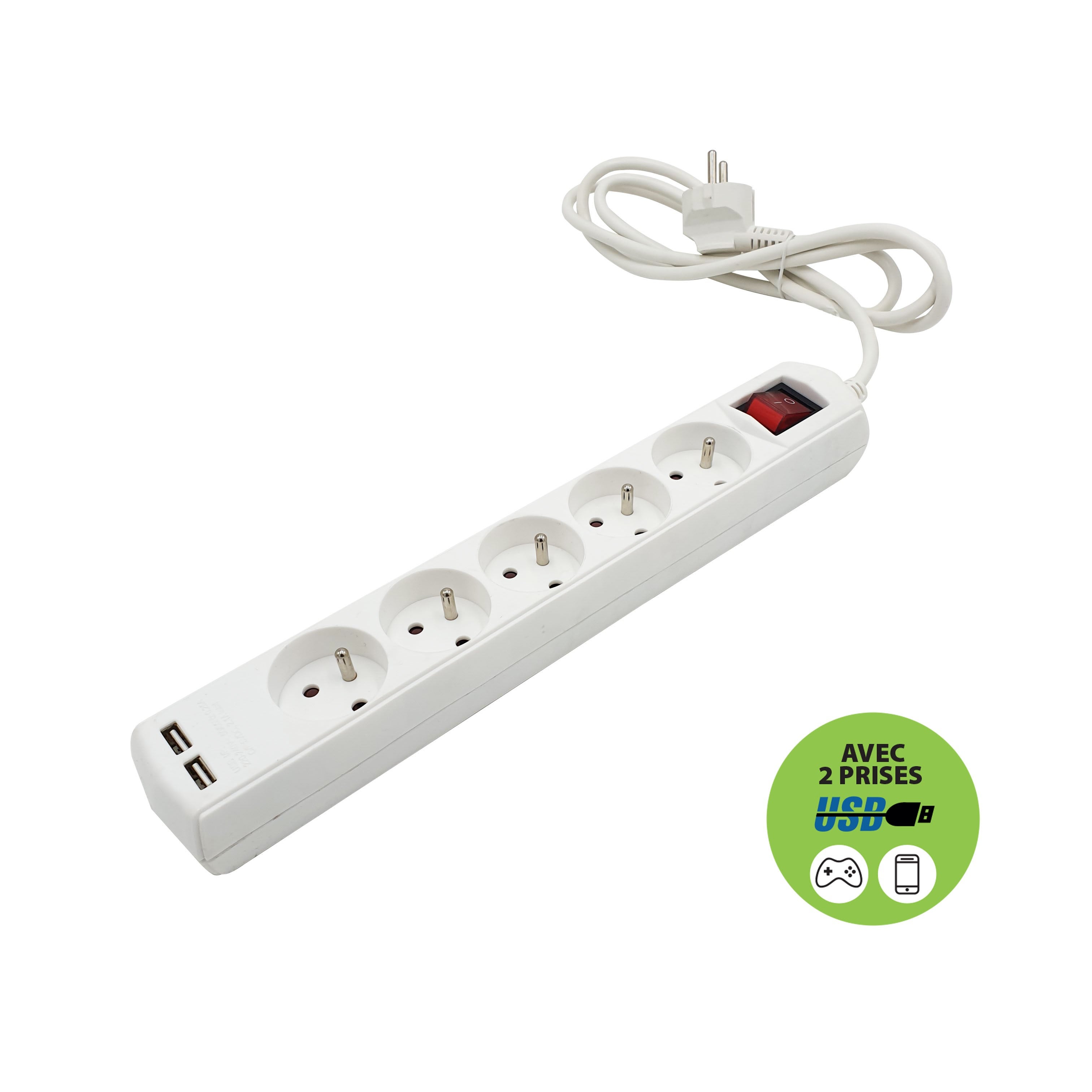 Multiprise 5 sorties + 2 USB. Cable 1,5m - 2