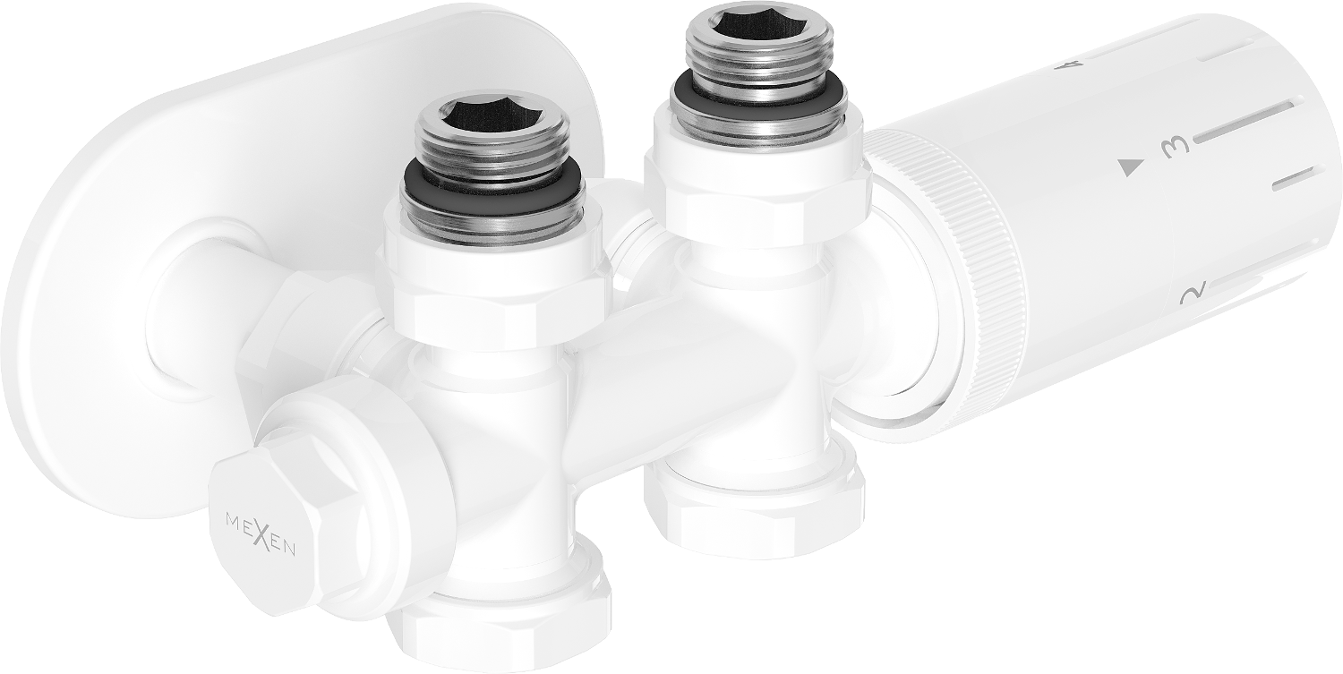 Mexen G05 zestaw termostatyczny kątowy/prosty z maskownicą R, Duplex, DN50, biały - W908-958-905-20