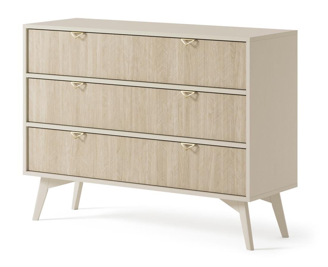 Komoda FIRR 106 cm – Beż piaskowy + Jodełka Scandi, 3 szuflady, złote uchwyty