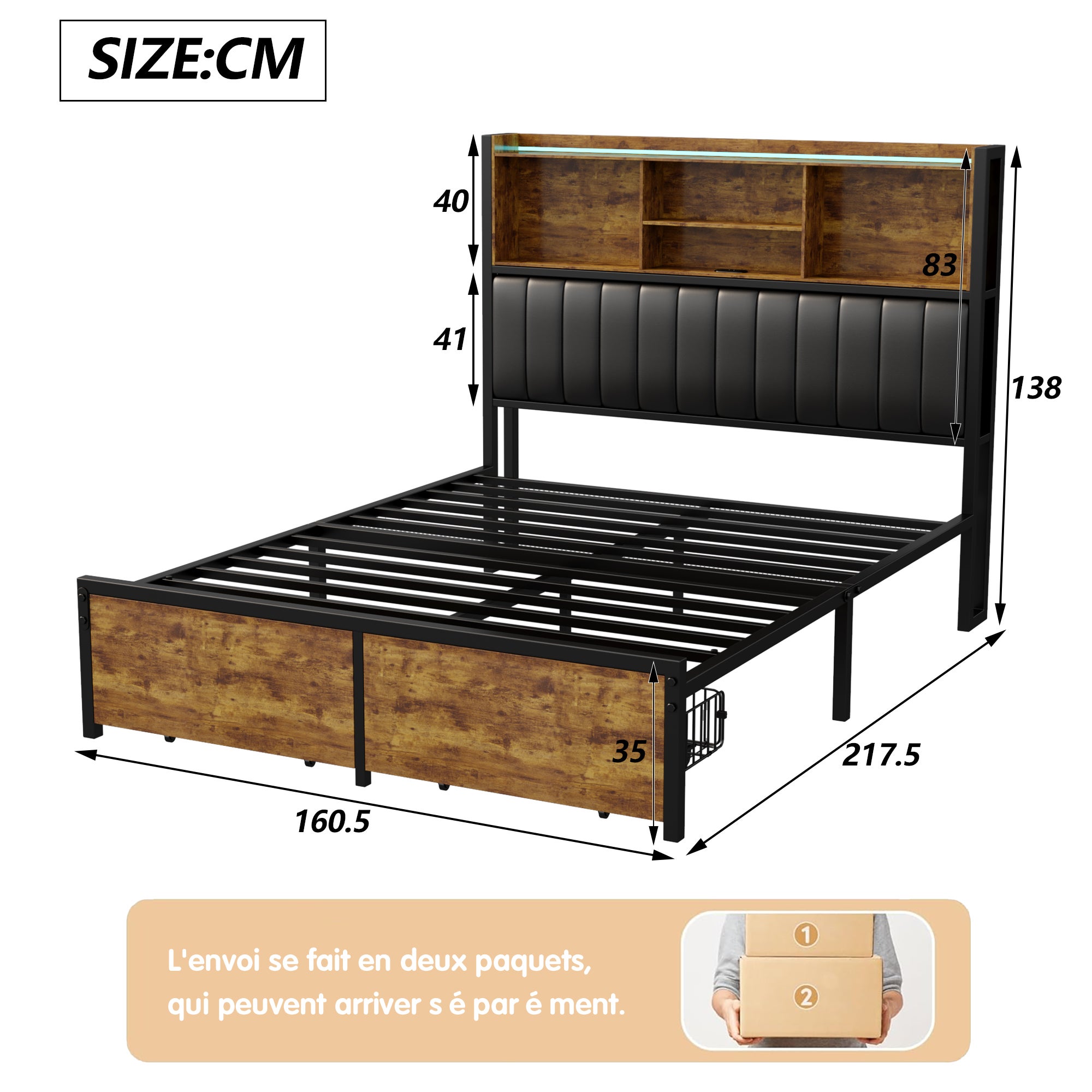 Lit double 160x200 cm avec LED, cadre métal, 2 tiroirs, tête avec rangement, sommier lattes - 4