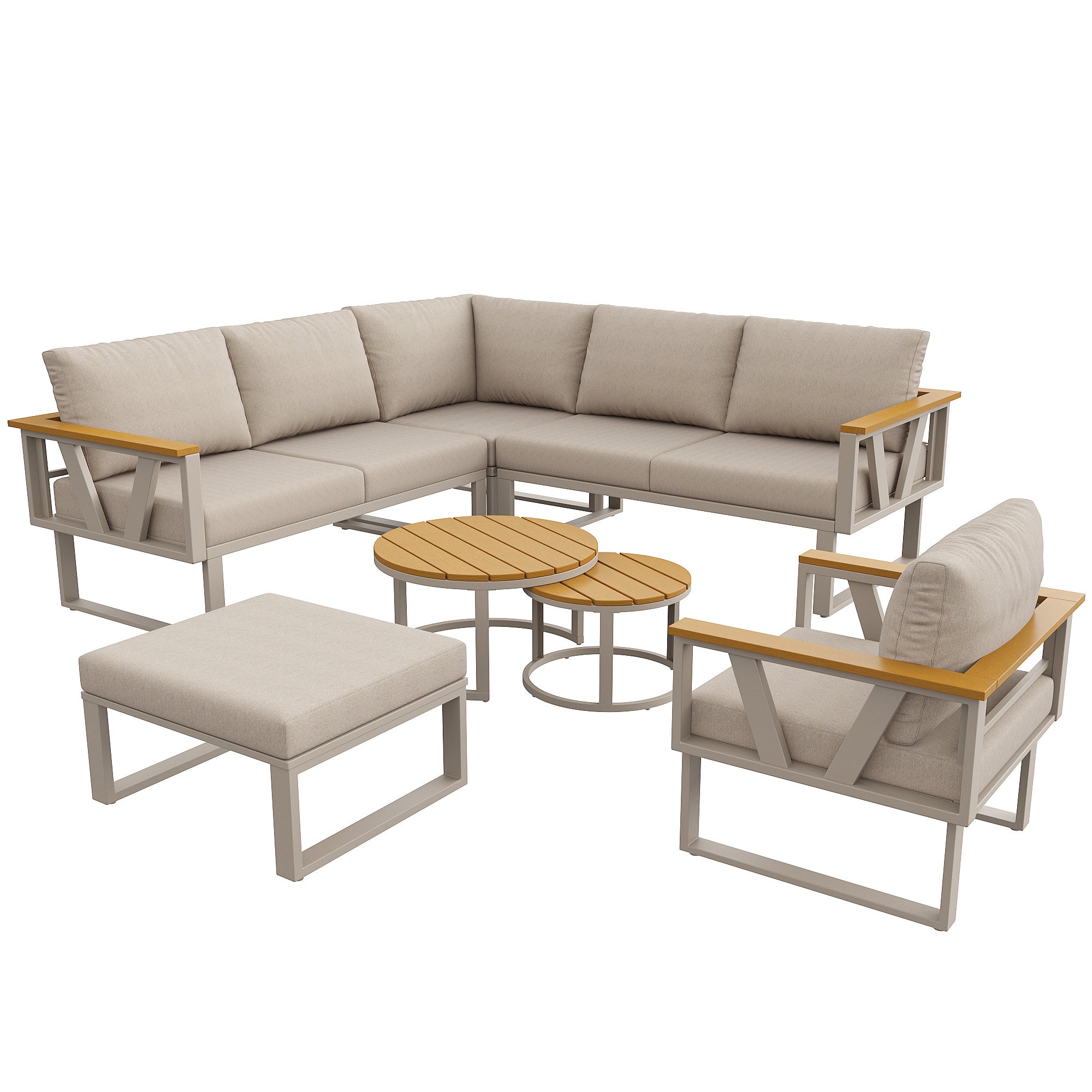 Salon de jardin - 6-7 places - en fer galvanisé - canapé d'angle - avec table basse gigogne - en bois plastique - fauteuil - repose-pieds, Beige - 3