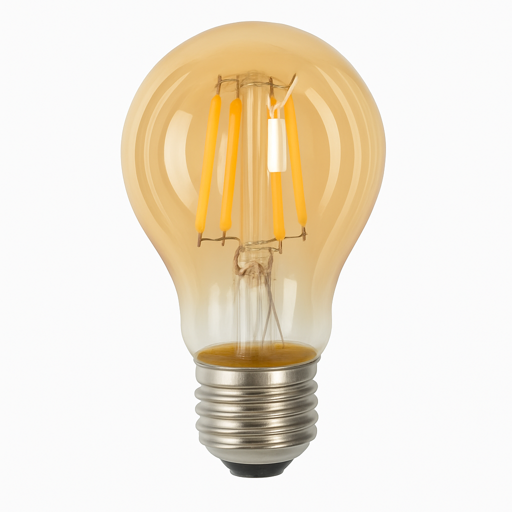 Żarówka LED A60 E27 z żarnikiem 4 W 460 lm 460 lm, wykończenie w stylu vintage w kolorze bursztynowym. Ciepłe światło 2700 K.