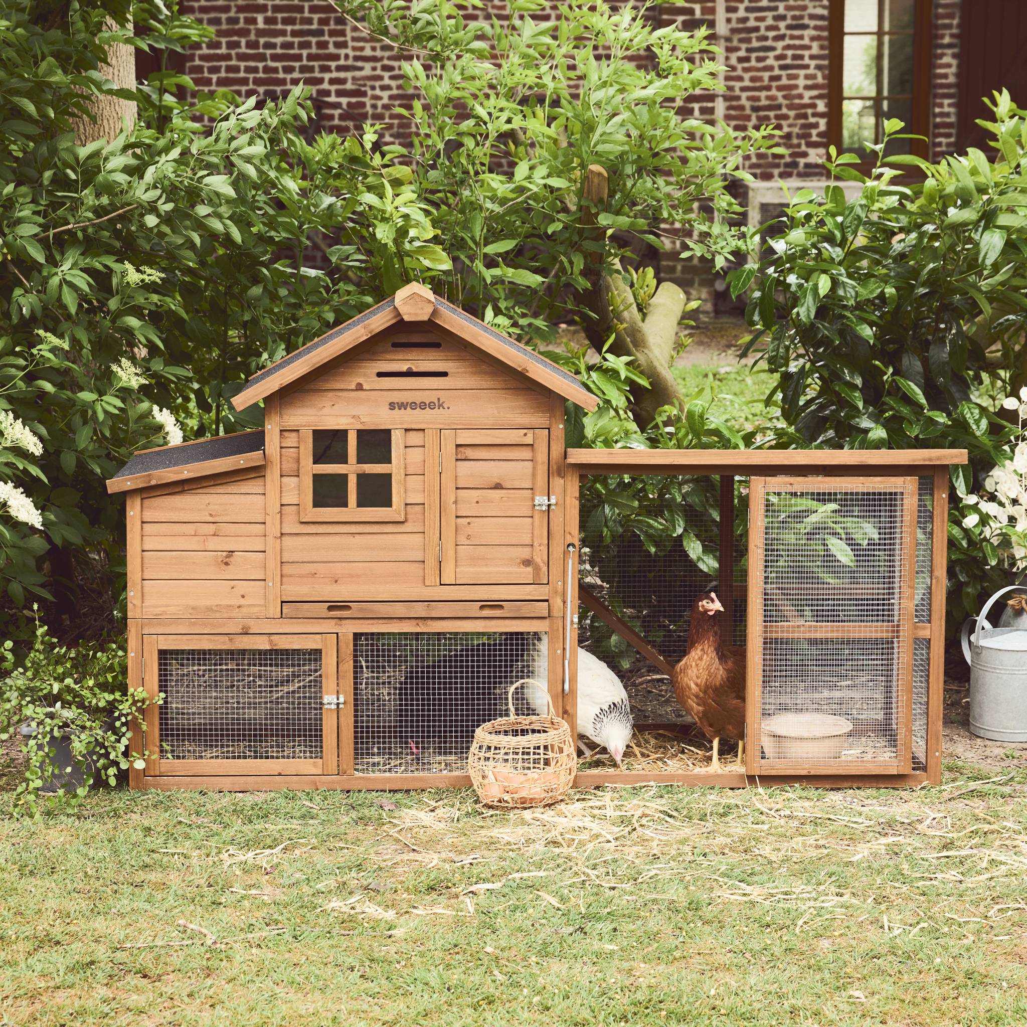 Pollaio in legno con recinto per 4 galline, Marrone naturale - 8
