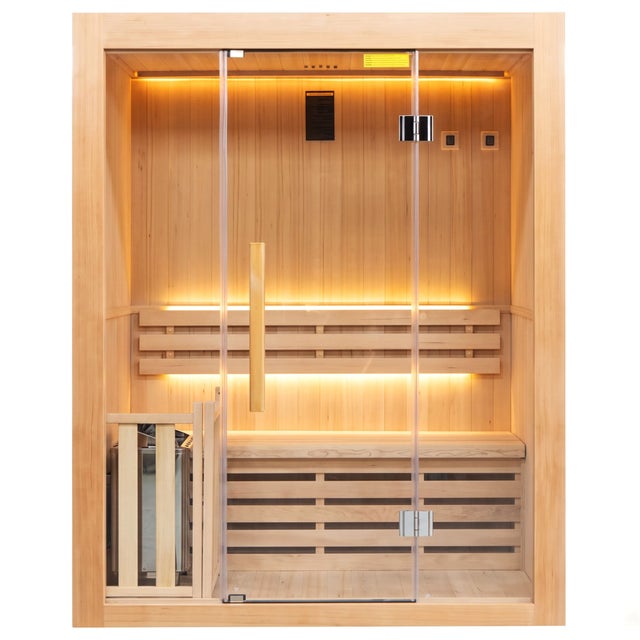 Sauna intérieur traditionnel finlandais 3 places façade vitrée panoramique 4.5 kW 153 x 190 x 110 cm