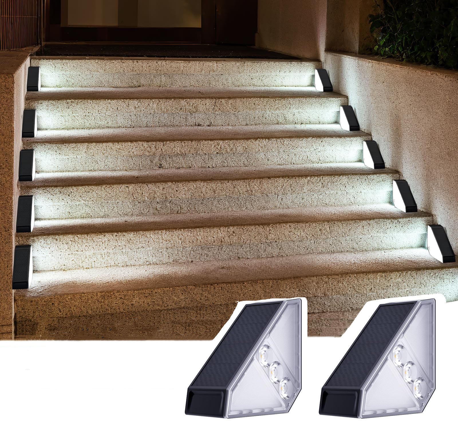 Lampy solarne ogrodowe 2 sztuki, trójkątne lampki schodowe, światło białe