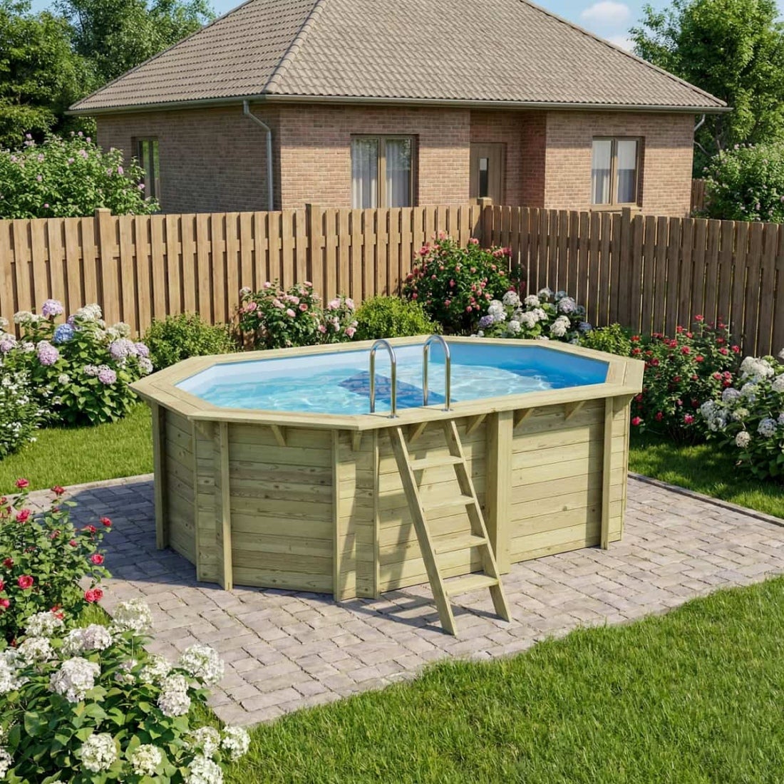 Piscină supraterană din lemn NEMO 4,3 x 3 – H. 1,31 m, cu terasă, albastru deschis, elemente de fixare pentru încastrare – BAS7303OSPI+PLA303
