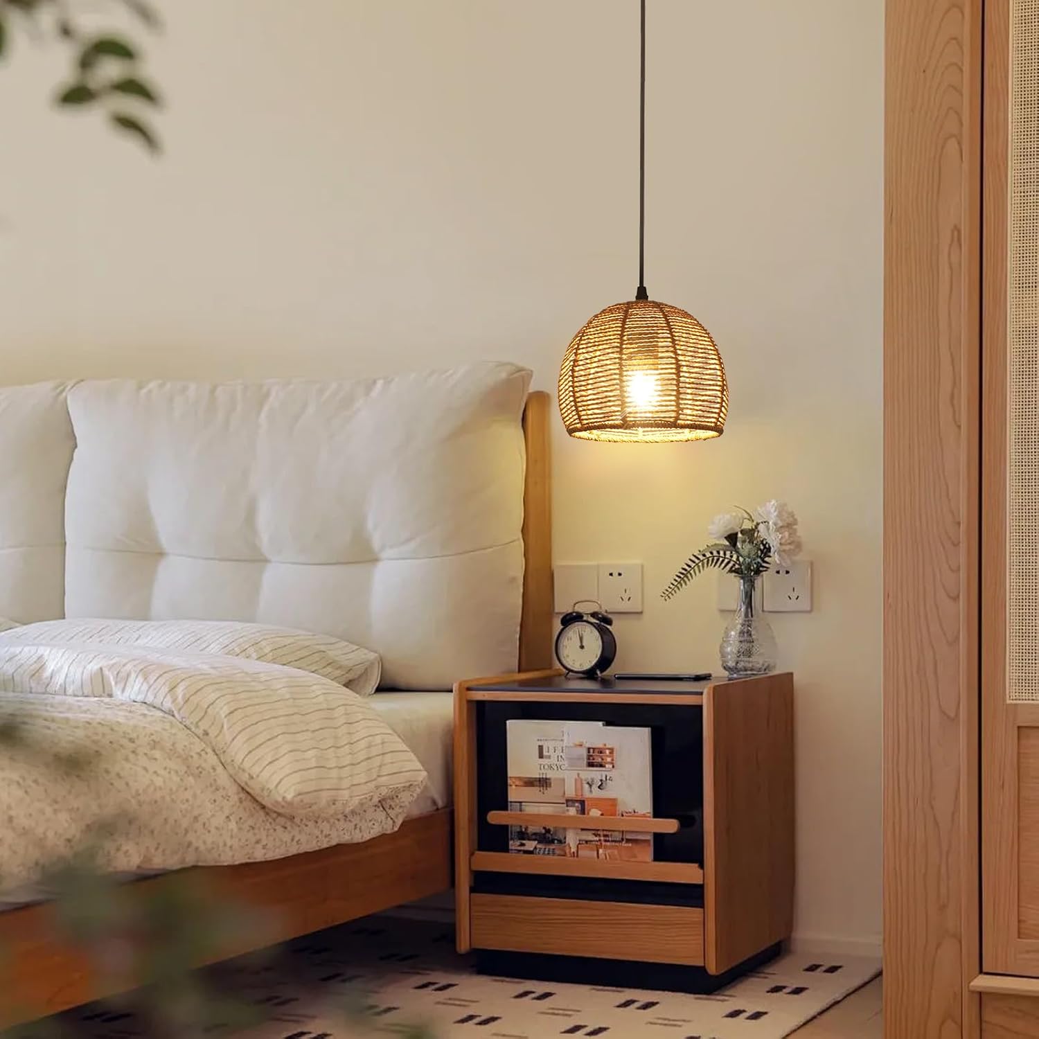 COMELY Suspension Luminaire Vintage en Rotin E27 Ø20 cm, Lustre Rétro Naturel pour Salon Chambre Cuisine Salle à Manger Café-Bar - 6