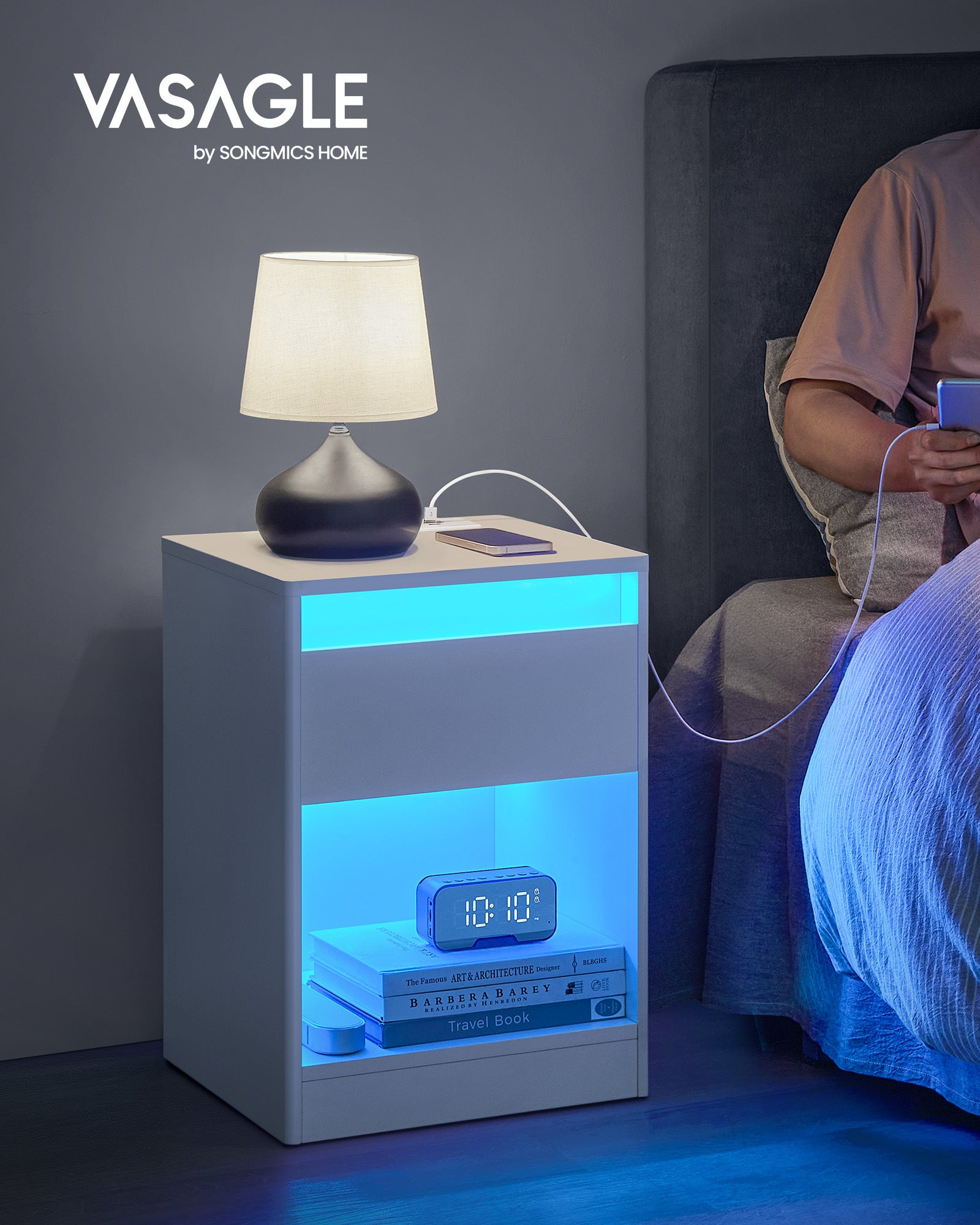 Table De Chevet Avec Chargeur USB Et LED | 3 Tiroirs, étagères Réglables | Meuble Nuit Multifonction Pour Chambre Ou Salon - 13