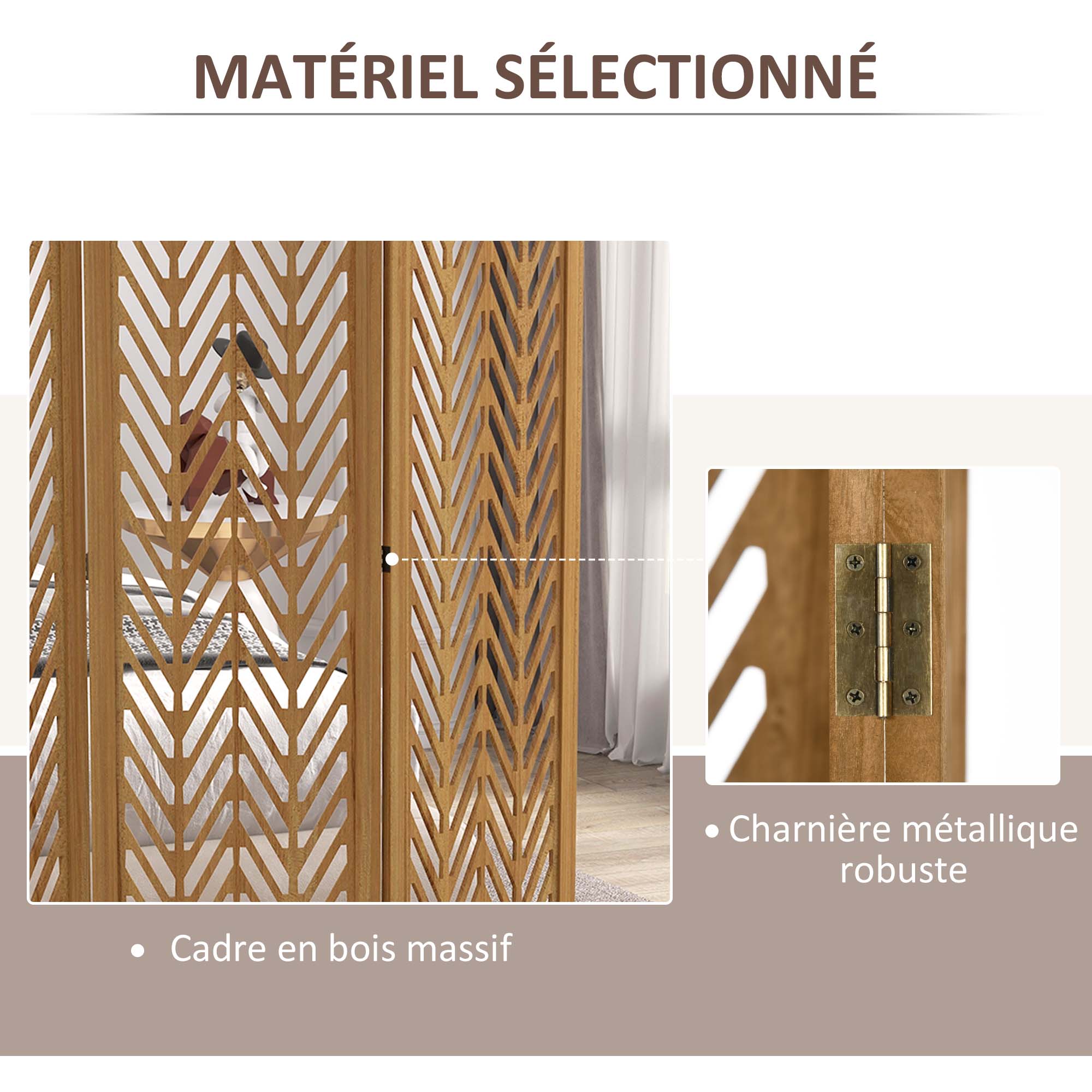 Paravent en bois ajouré séparateur de pièce closion intérieur pliable 4 panneaux en bois 160x170cm naturel - 7
